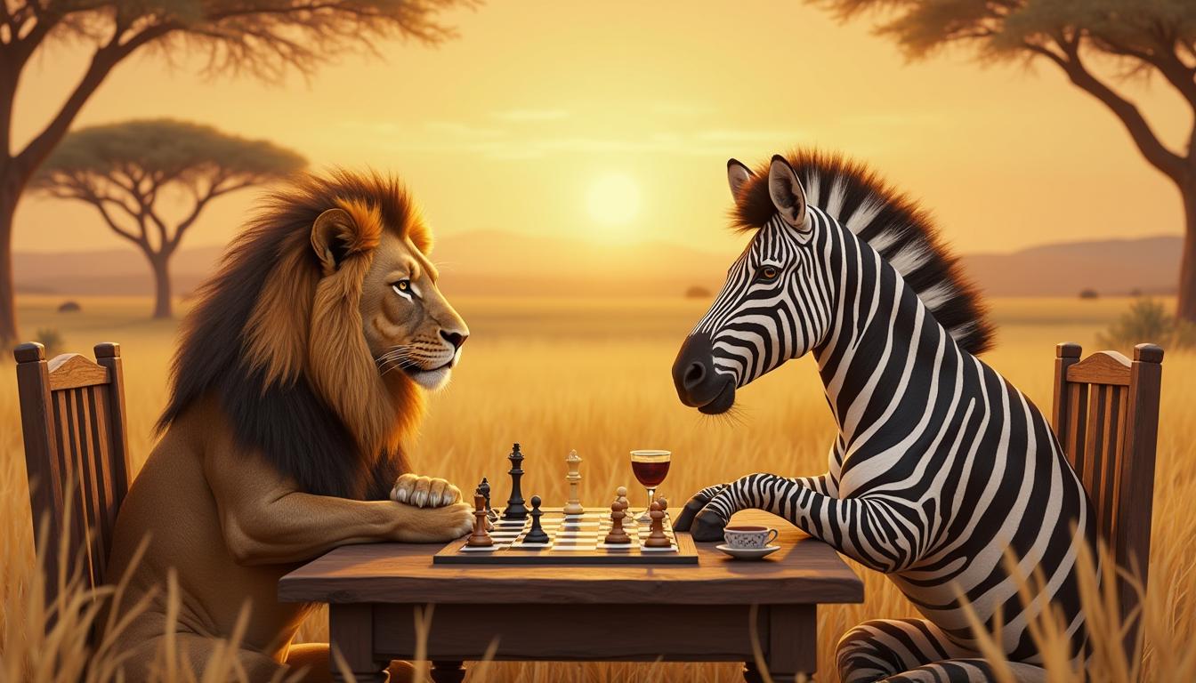 A majestic and whimsical scene of a lion and a zebra sitting at a sturdy wooden table in the middle of a serene savanna, playing a game of chess. The lion exudes calm confidence as it carefully plans its next move, while the zebra appears thoughtful and deeply focused. The chessboard features intricate, detailed pieces, with the backdrop of golden grasslands, acacia trees, and a warm sunset sky. The atmosphere is playful yet regal, with subtle details like a cup of tea for the zebra and a goblet for the lion, adding personality and charm. Hyper-realistic, vibrant colors, and expressive characters