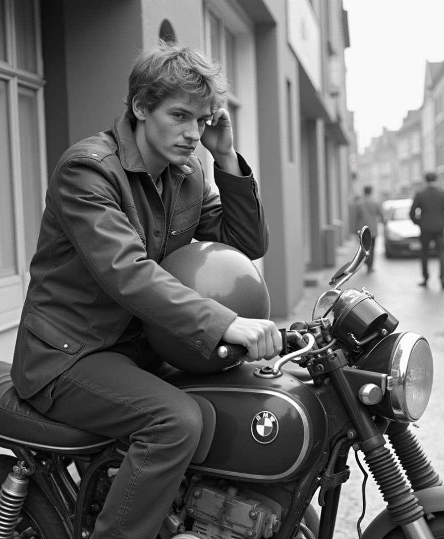 young man takes of helmet while sitting on his parked 1980s bmw motorcycle in Knokke 1980s kodak shot 