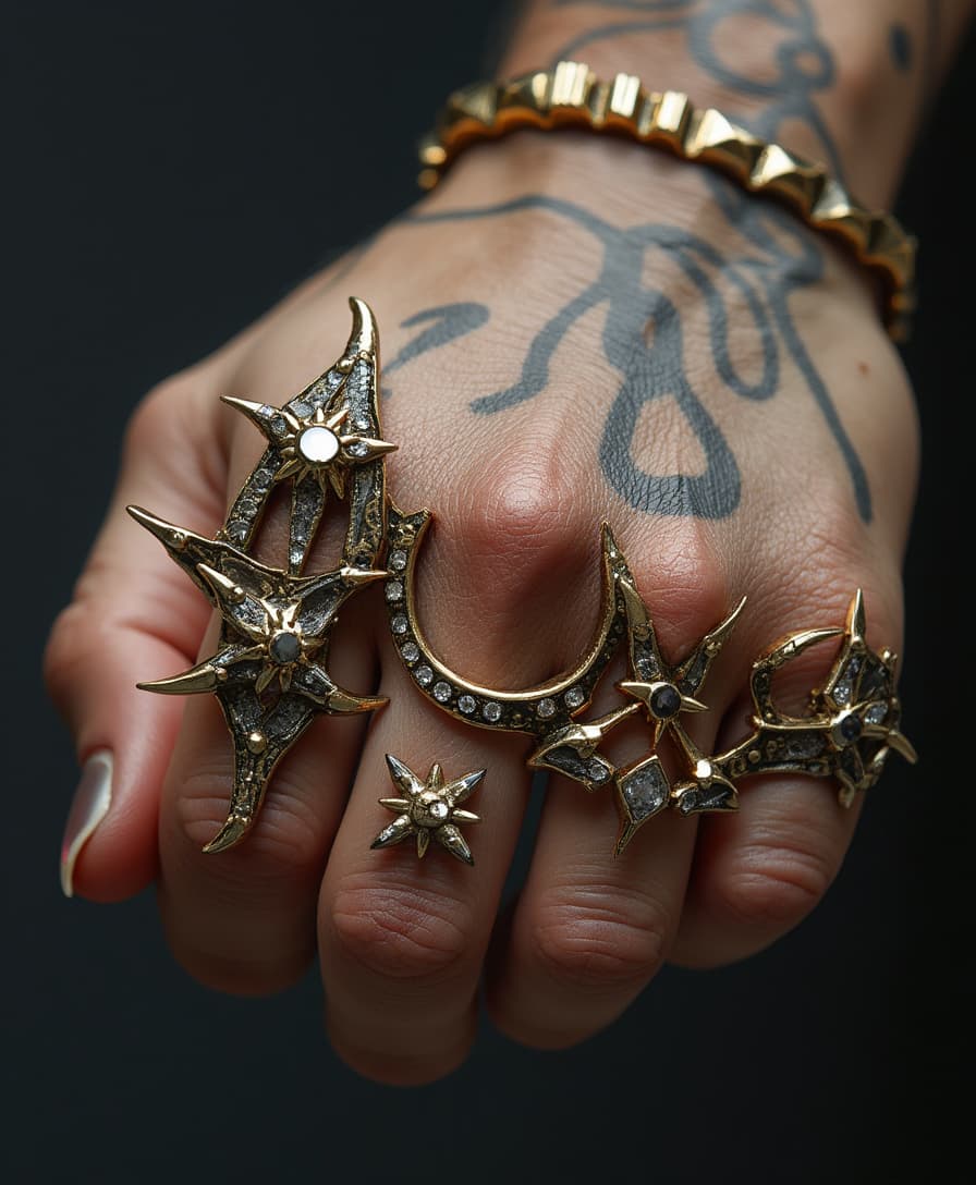 a well manicured hand wearing brass knuckles encrusted with diamonds, thorns, and teeth 