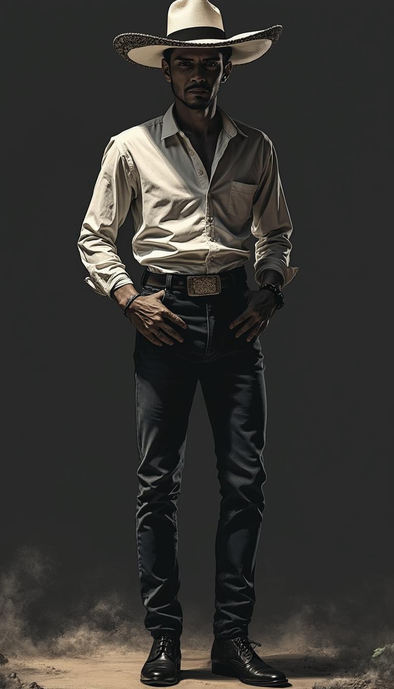 full body illustration / of a Mexican man in a white and black striped hat / in the style of timeless beauty / light navy and dark bronze overtones / 32k UHD / timeless grace / black and white tones / exaggerated facial features / sleek aesthetics / super textured / super dark / super contrasts / full length view 