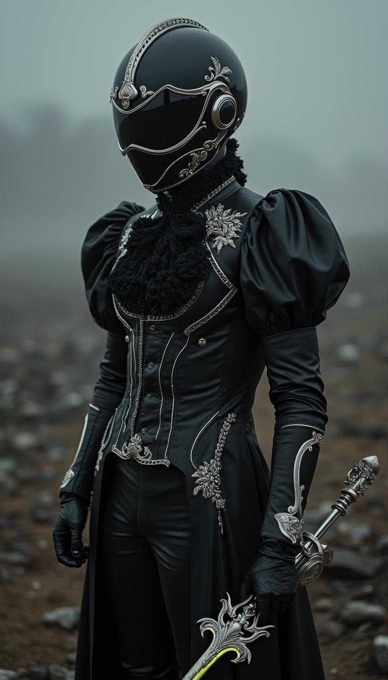 Sentai hero in a sleek black Sentai suit fused with elegant Victorian fashion, wearing a high-neck lace collar, puffed sleeves, and a tailored coat with intricate silver embroidery, the iconic helmet redesigned with a reflective black visor and subtle metallic filigree, wielding a glowing energy rapier with ornate Victorian details, standing confidently on a foggy battlefield at dusk, the ground littered with remnants of a past conflict, detailed textures on the armor and fabric, professional lighting highlighting the black and silver tones, fashion photography style, poised and commanding stance,