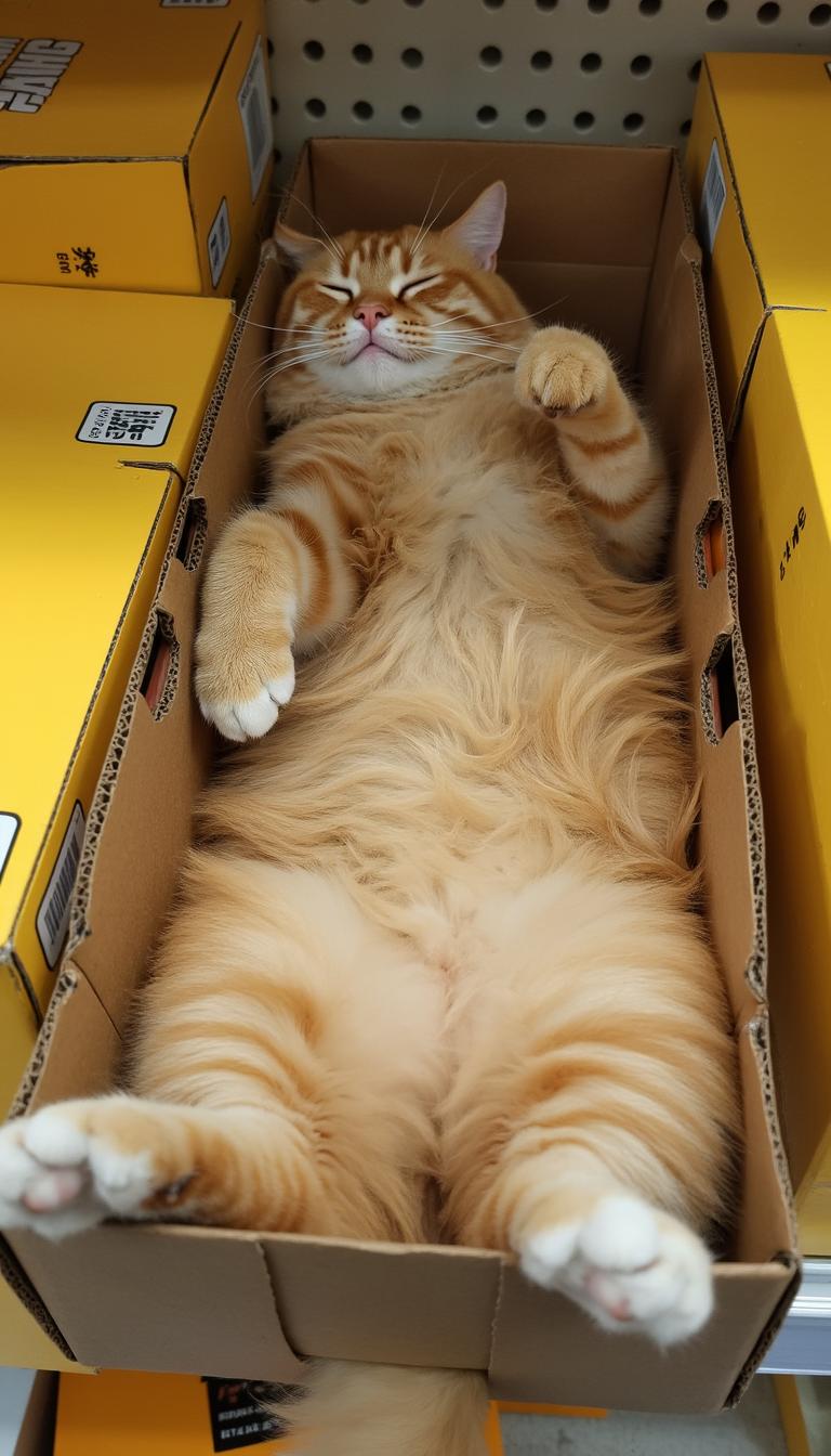 A phone photo posted in reddit in 2017, a fluffy, ginger tabby cat lies sprawled on its back inside a cardboard box on a store shelf, with its head gently tilted to one side and its eyes peacefully closed. Its hind legs dangle comfortably over the edge of the box, while its front paws stretch out above its soft belly. The cat’s long, striped fur fans out across the box, creating a cozy, makeshift bed amid the bright yellow packaging that surrounds it. Despite the bustling setting, the cat appears perfectly relaxed, napping blissfully in the middle of the store aisle.