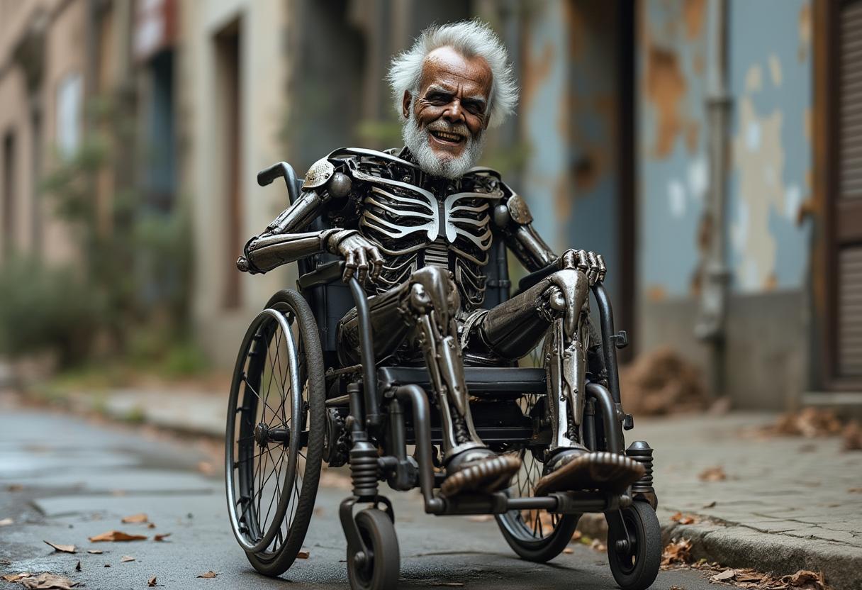 create image of a metal, rusted, very old grey hair, extremely old Arnold Schwarzenegger terminator T-2, smiling at camera , body is metal in a wheelchair, with an engine, going down the street 