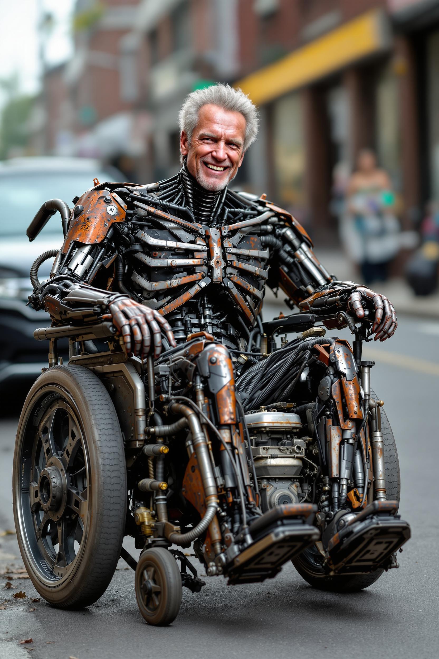 create image of a metal, rusted, very old grey hair, extremely old Arnold Schwarzenegger terminator T-2, smiling at camera , body is metal in a wheelchair, with an engine, going down the street 