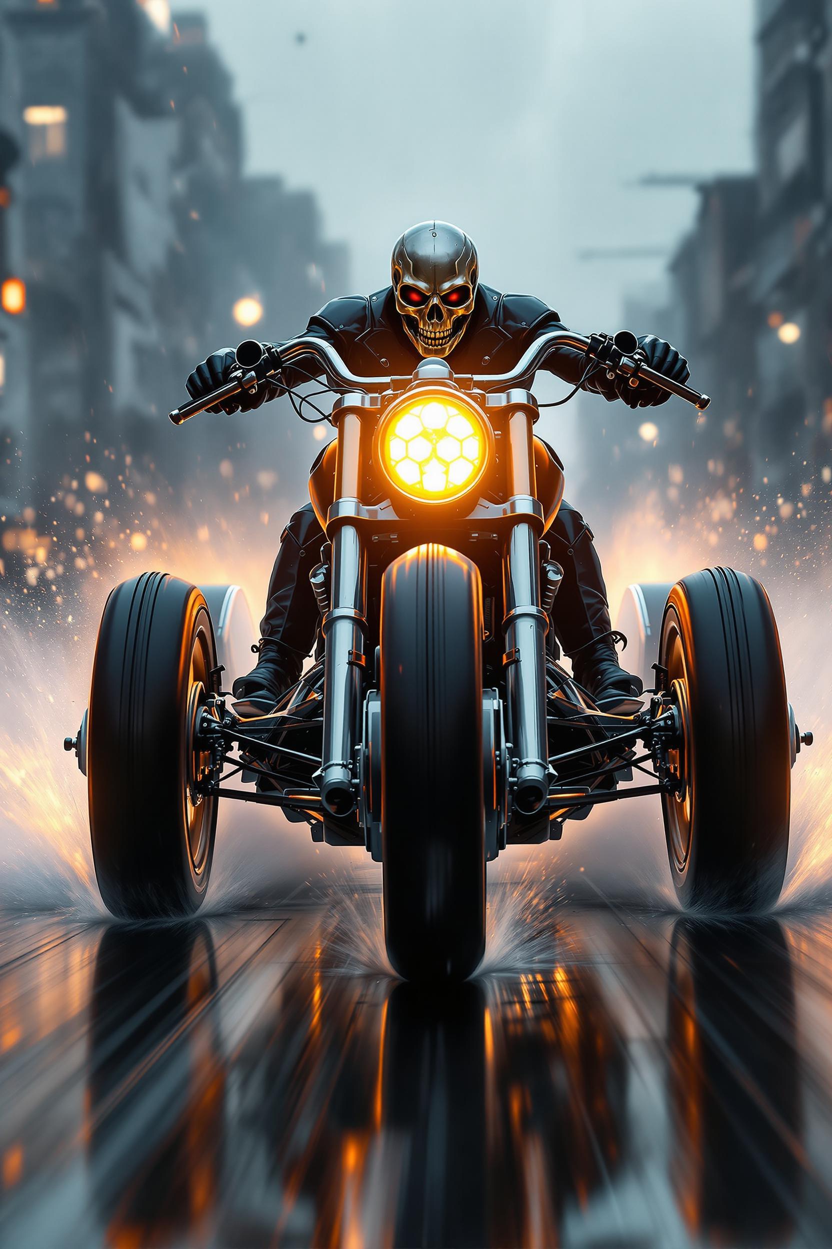 A visually stunning and highly dynamic post-apocalyptic scene featuring a massive, three-wheeled motorcycle speeding forward on a rain-soaked street. The motorcycle has a single, large glowing headlight in the center, exuding a warm, bright light that cuts through the rainy atmosphere. The handlebars are wide and chopper-style, adding a rugged and commanding presence. All three wheels are spinning rapidly, with water dramatically splashing to the sides as the vehicle moves at high speed. The driver wears a metallic motorcycle mask in the shape of a skull, polished and shiny with distinct skeletal features. The mask adds a menacing touch while maintaining a sleek, dystopian aesthetic.

The background features a dystopian cityscape blurred by motion, with rain falling diagonally, enhancing the sense of speed. The scene is rendered in ultra-realistic detail with subtle oil-painting textures, focusing on the intricate details of the motorcycle, water splashes, and the intense atmosphere. Rendered in Full HD and 8K resolution.