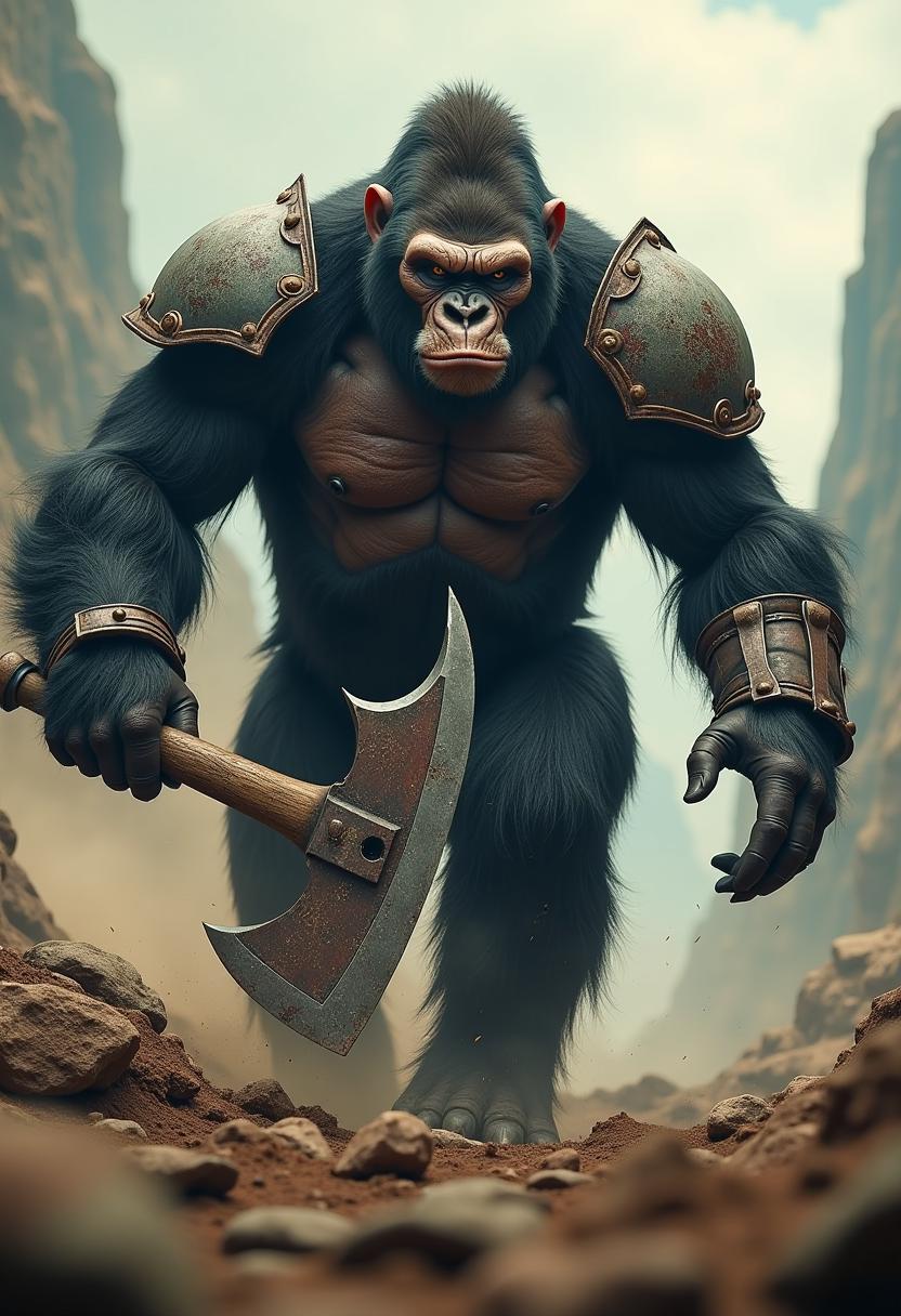 
Hyper-realistic matte painting set in the Planet of the Apes universe, low angle: A menacing, wounded gorilla warrior with a very imposing presence, clad in heavy, intricate armor that looks ancient and worn, swings a massive, intimidating axe with a jagged, brutal design, rampaging in dynamic combative scene amidst a devastated, war-torn battlefield. Dynamic angle, cinematic lighting, intricate details, mix of blur effect and sharp focus.


