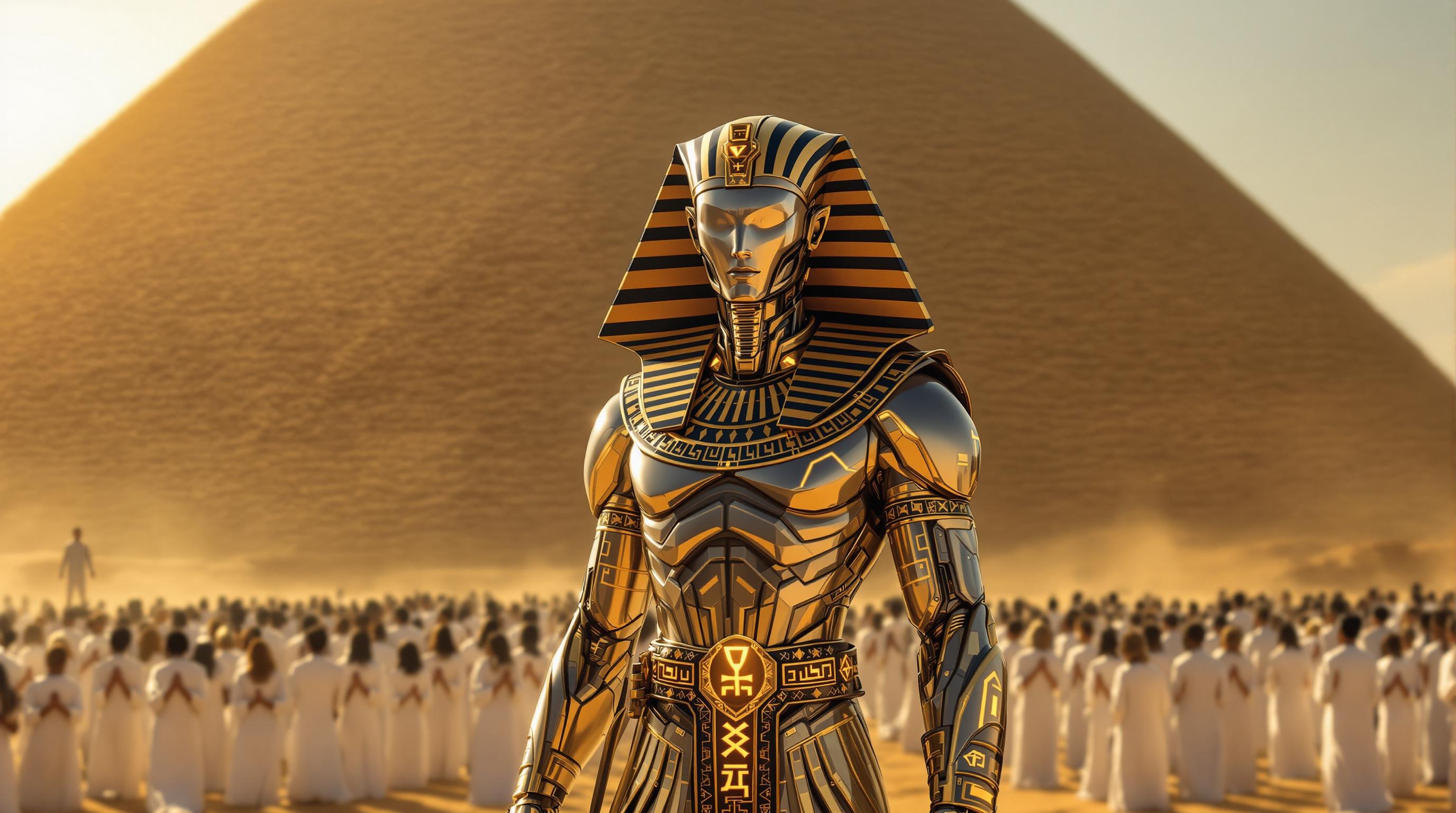 Create a highly detailed and photorealistic image of a futuristic Pharaoh standing confidently in front of a grand pyramid in a sunlit desert. The Pharaoh has a biomechanical appearance, with metallic silver skin and intricate, glowing gold patterns accentuating their musculature. They wear a traditional Egyptian headdress, blending gold and black stripes, and a decorative collar adorned with futuristic hieroglyphic designs. A regal sash and belt with glowing golden symbols complete their imposing look.

In the background, rows of worshippers dressed in simple white robes kneel in reverence, their hands clasped in prayer. The pyramid looms majestically behind them, with its surface catching the warm glow of the sun. Dust swirls gently in the air, adding to the atmospheric depth. The overall composition combines ancient Egyptian aesthetics with a futuristic twist, evoking themes of power, divinity, and advanced technology.--hq.
