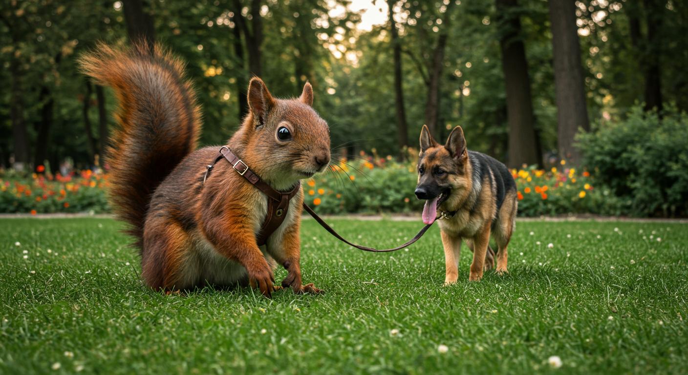 A photo of a giant squirrel walking a german shepherd through a park