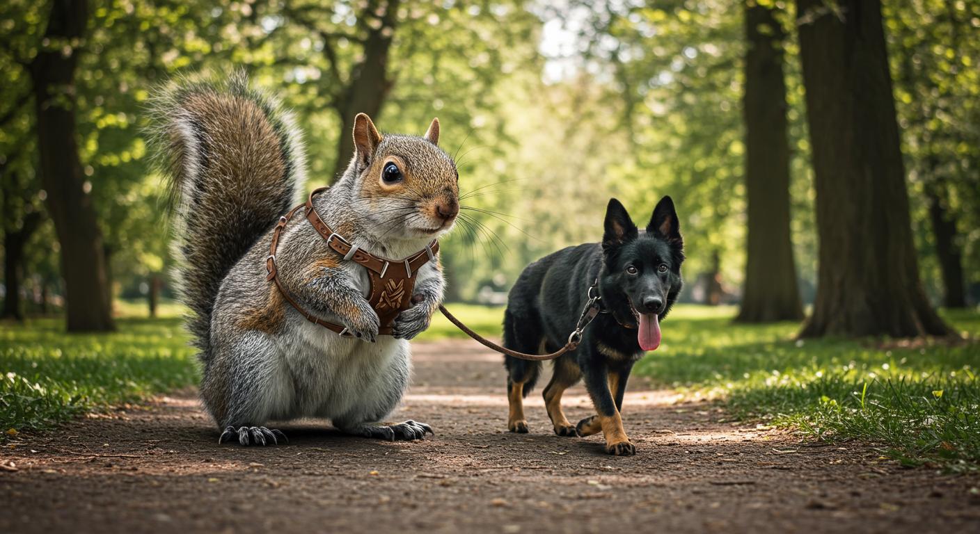 A photo of a giant squirrel walking a german shepherd through a park