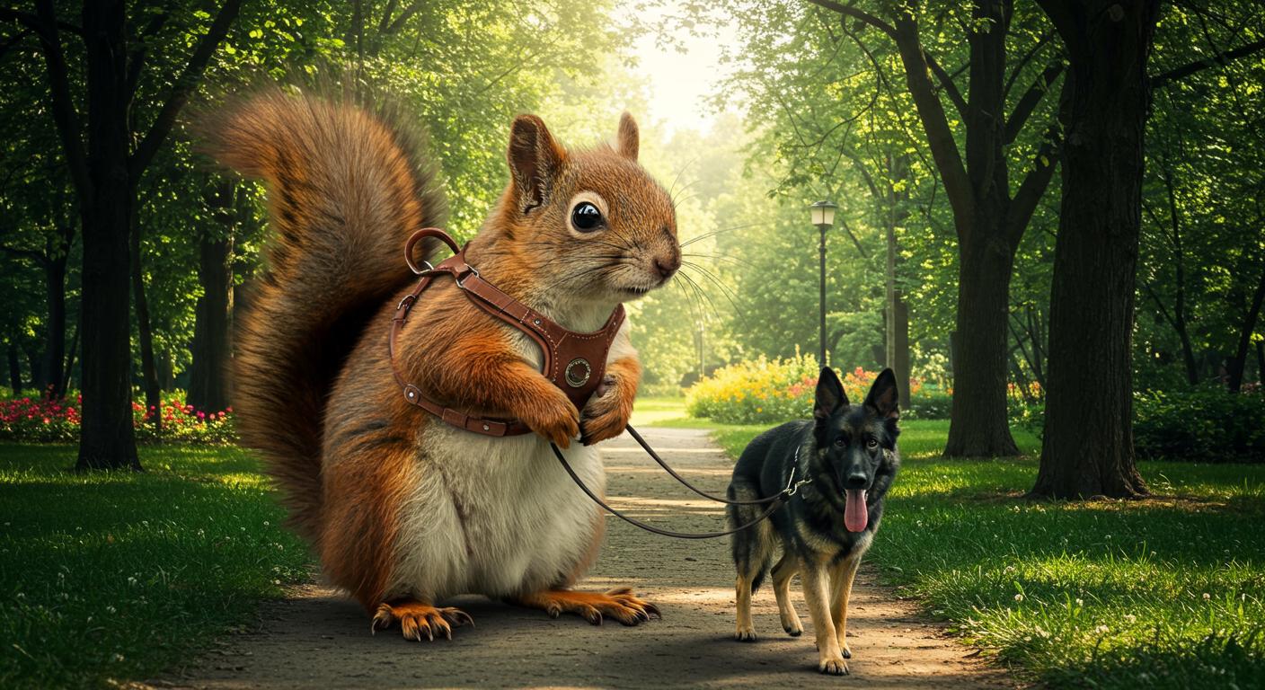 A photo of a giant squirrel walking a german shepherd through a park