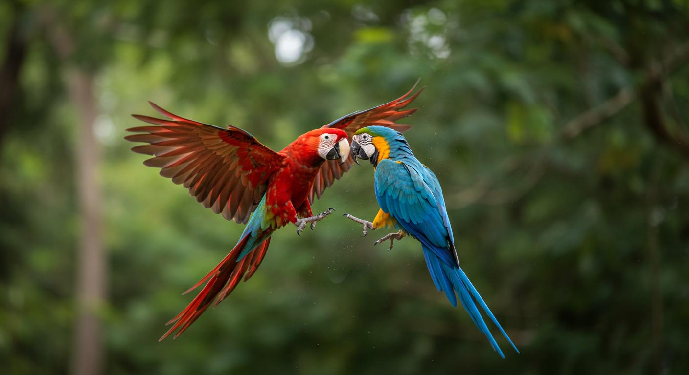 Two parrots fighting in mid air wildlife photo style