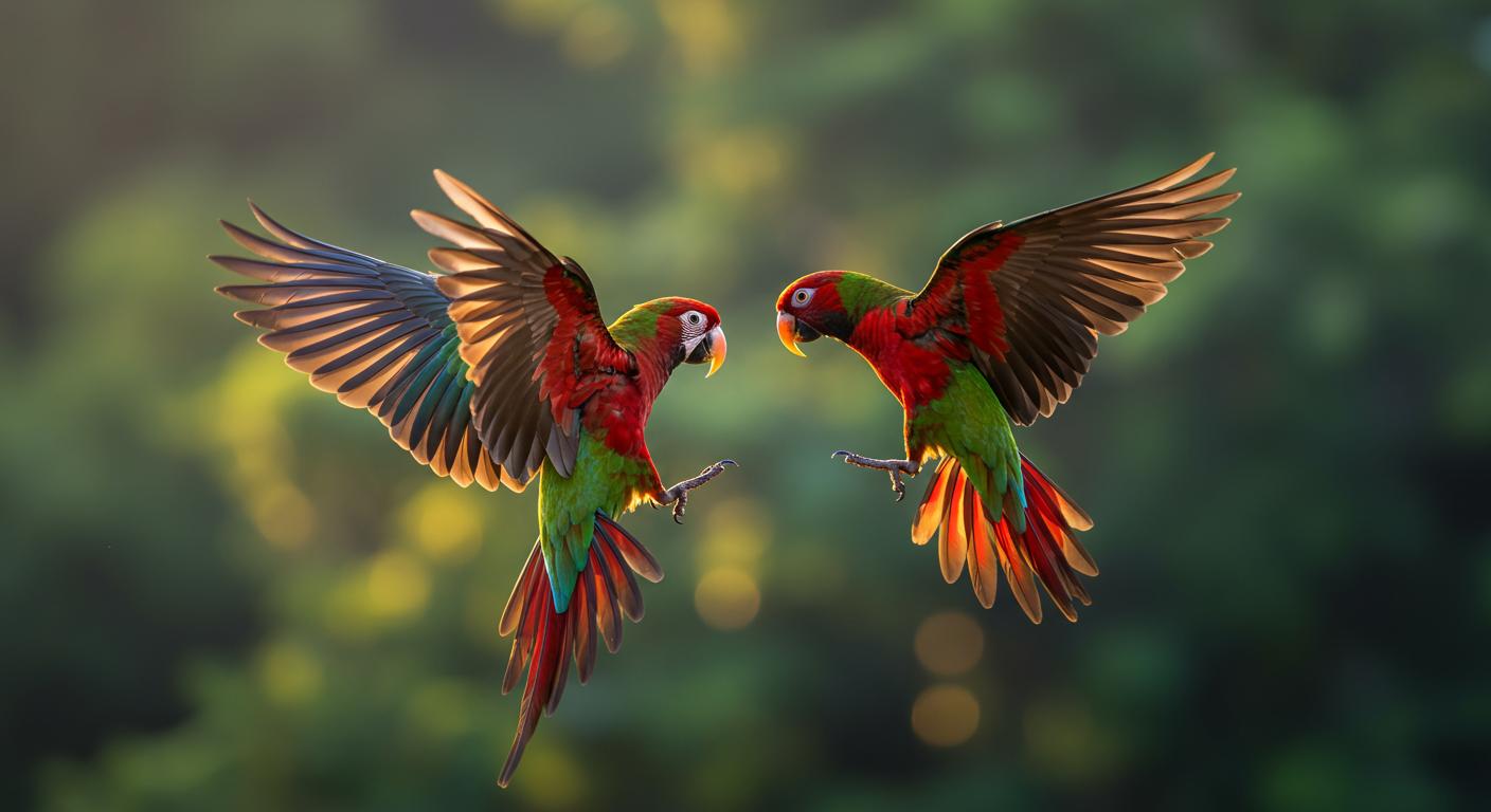 A dynamic wildlife photograph capturing two vividly colored parrots engaged in an aerial skirmish. Their feathers are ruffled, displaying a rich palette of greens, reds, and blues, with hints of sunlight reflecting off their wings. The style is reminiscent of high-speed nature photography, focusing on the intensity of the moment with a shallow depth of field to blur the lush, green jungle background. The composition is central, with the parrots framed against a backdrop of out-of-focus foliage, enhancing the sense of movement. The mood is one of high tension and natural drama, with the morning light casting long shadows and creating a vivid contrast. Technical aspects include a fast shutter speed to freeze the action, with an aperture setting for a narrow depth of field, emphasizing the parrots while the background remains soft and dreamlike.