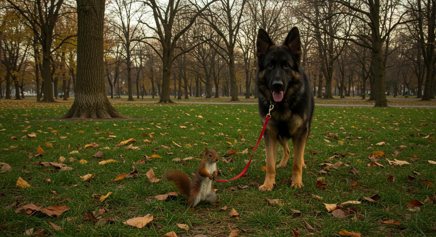 A high-resolution, candid photo capturing a whimsical scene in an urban park. A **squirrel**, appearing both confident and slightly bewildered, is depicted leading a **German Shepherd** by a leash. 

- **Subject Details**: The squirrel stands upright, its tiny paws gripping a small, red leash that connects to the German Shepherd's collar. The dog, with a look of bemused tolerance, follows the squirrel, its ears perked up and tail wagging slightly.

- **Environment**: The park setting is lush with **vibrant green grass**, scattered with **colorful autumn leaves** and surrounded by **mature trees** with their branches reaching towards a **partly cloudy sky**. The time of day is late afternoon, with **soft, golden sunlight** filtering through the leaves, casting dappled shadows on the ground.

- **Composition**: The camera angle is slightly low to the ground to capture the interaction at eye level with the squirrel, enhancing the surreal nature of the scene. The squirrel and dog are framed centrally, with the park's open space providing depth and leading the viewer's eye towards a distant **tree-lined path**.

- **Visual Details**: The textures are crisp, with the **rough bark** of the trees, the **smooth fur** of the animals, and the **crinkled leaves** underfoot. The lighting is natural, showcasing the **warm hues** of the setting sun, which highlights the **reddish tones** in the squirrel's fur and the **glossy black** of the German Shepherd's coat.

- **Mood and Atmosphere**: The atmosphere is light-hearted and playful, with a touch of surrealism. The weather is mild, with a gentle breeze rustling the leaves, contributing to a sense of serenity and whimsy.

- **Technical Aspects**: Use a **wide aperture** to create a shallow depth of field, blurring the background slightly while keeping the squirrel and dog in sharp focus. The image should have a **soft focus** around the edges to emphasize the central interaction and create a dreamy, almost fairytale-like quality.