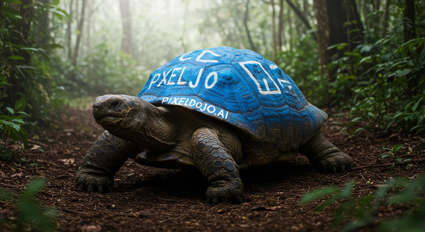 A wildlife photo of a bizarre giant turtle with blue paint on its shell that reads "PIXELDOJO.AI"