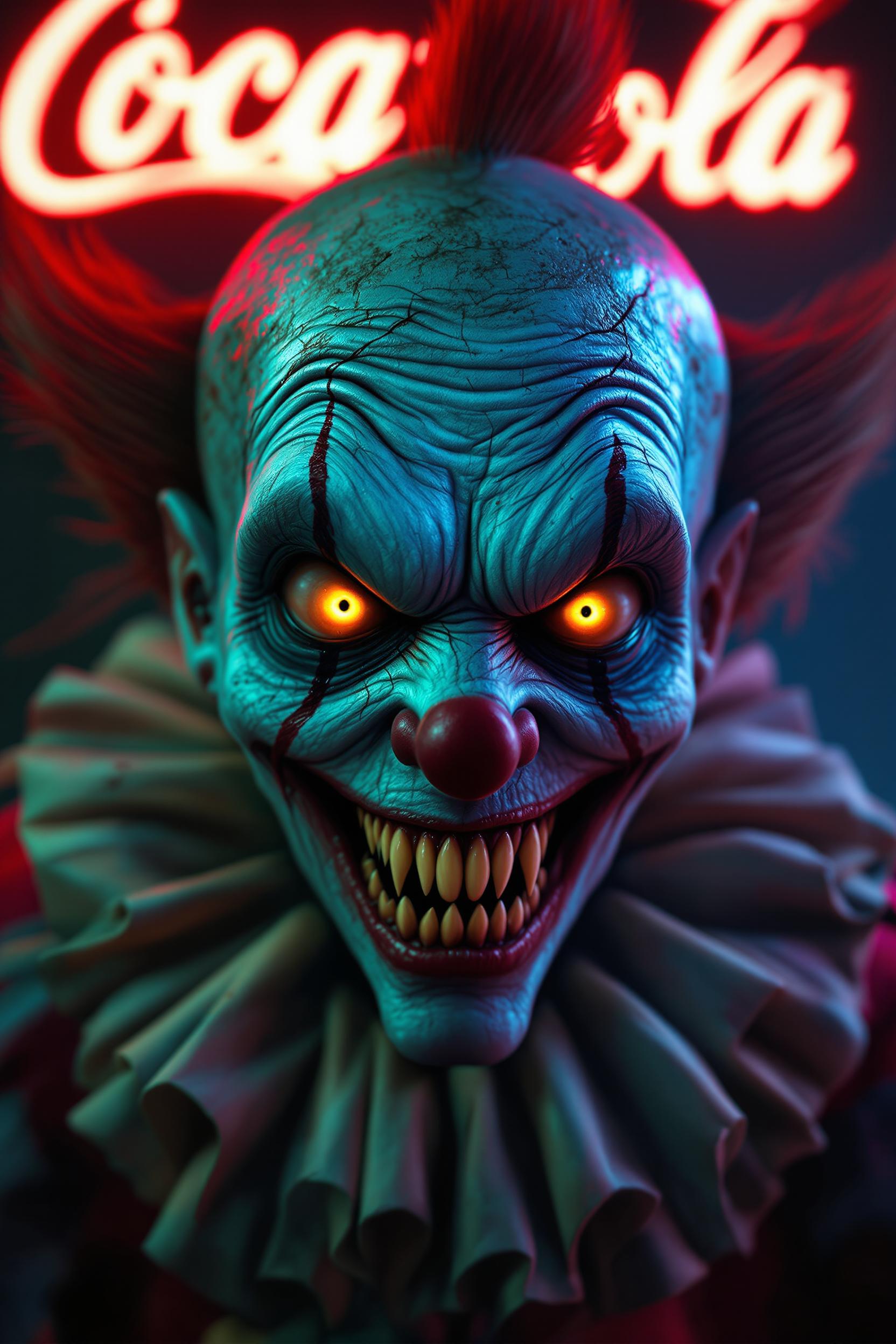 A hyper-realistic, ultra-detailed horror portrait of a terrifying clown with a grotesque, aged face, showing deep wrinkles, scars, and an uneven texture. The clown has bright, glowing yellow-orange eyes, a wide sinister grin with sharp yellow teeth, and a bright red nose. The background features an ultra-detailed neon 'Coca-Cola' sign in glowing red and white, adding a commercial contrast to the eerie and disturbing clown. The lighting creates intense shadows, emphasizing the clown's menacing expression and horrifying features. The scene is rendered with a slightly oily texture, vivid details, and stonated colors, creating a perfect balance between horror and surrealism.--hd 8k


