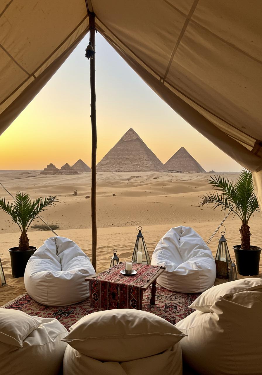 a stunning view from inside a canvas tent , large bean bags and white pillows, palm pot plants on a sand floor, an unlit lantern and candles. looking out over the desert sand dunes looking up at a large ancient Egyptian pyramid with a smaller Pyramid on either side, in the hazy background set against a pastel sunset sky that goes from light mustard coulour up to a pastel blue. 