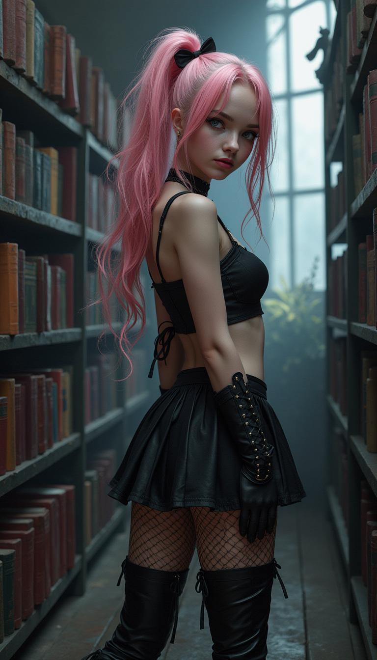 A photo of a goth girl in a spooky library The goth girl has a pudgy nose. She has Icy light blue eyes. She has plump prominent lips. She has a receding chin with cleft. The goth girl has shiny neon sherbet hair in a folded ponytail hairstyle. The goth girl has pink skin. She has a few skin imperfections randomly on her body. The goth girl is dressed in a goth mini skirt and wearing high heeled boots with fishnet stockings. She is wearing typical goth eye makeup and lipstick. She has no piercings.