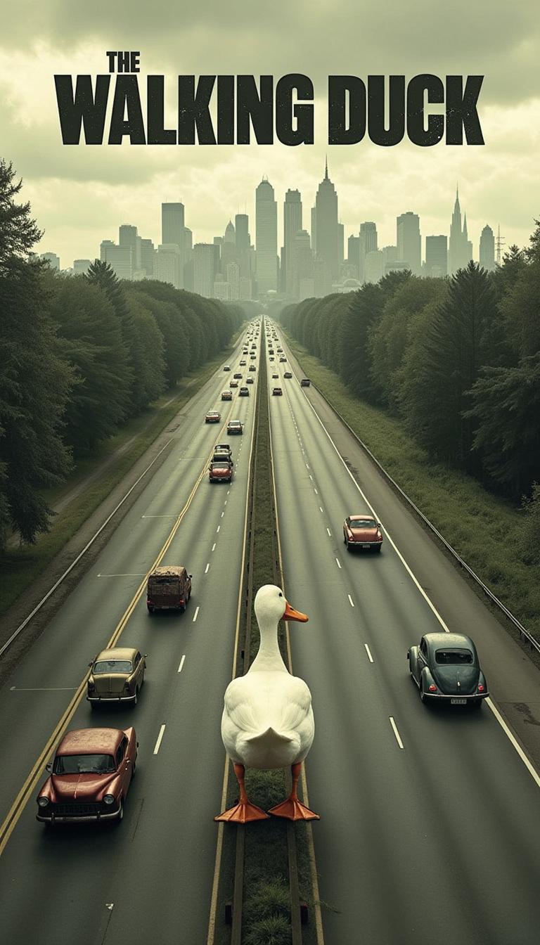 An artwork inspired by the iconic cover art of AMC's The Walking Dead Season 1, reimagined with a whimsical twist. The scene is an aerial view of a desolate highway stretching toward a distant city skyline, where towering skyscrapers loom against a foreboding, cloudy sky. The left lane of the highway, leading away from the city, is packed with abandoned and decaying cars, their rusted frames and shattered windows telling stories of chaos and desertion. The right lane, leading into the city, is eerily empty except for a lone white duck walking confidently toward the city. The duck, slightly oversized but full of quiet determination, contrasts the vast emptiness of the road. Its soft white feathers and orange webbed feet stand out subtly against the muted, desaturated color palette dominated by grays, browns, and greens. A sepia filter bathes the entire image, giving it a vintage, dystopian feel. At the top of the composition, the title "The Walking Duck" is boldly written in the original clean, black font of the franchise, perfectly mirroring the aesthetic of the series. The overall tone of the image balances the eerie atmosphere of isolation with the unexpected whimsy of the duck, creating a striking and memorable visual.
