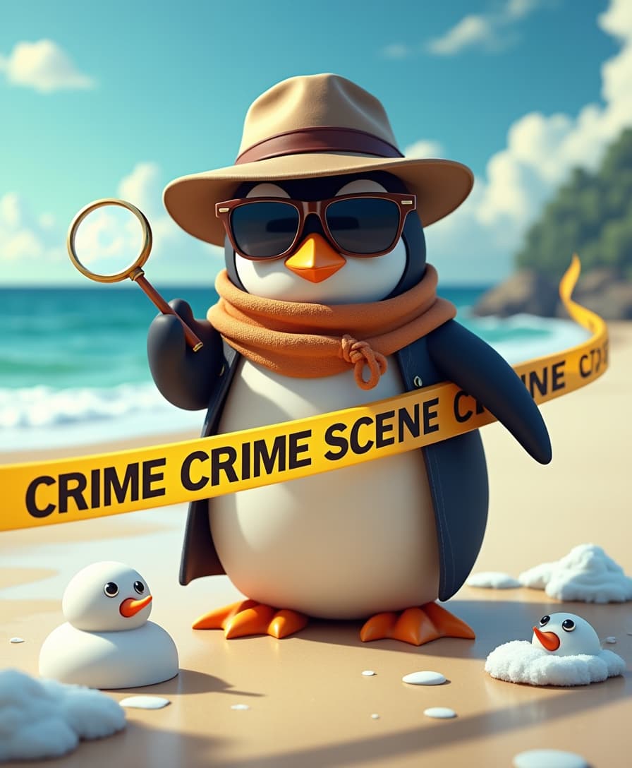 pinguin detective in sunglasses and detective clothes holding a magnifying glass is on a crime scene on a sunny beach with crime scene tape with text "CRIME SCENE". in the middle of the scene there is a lot of melted snow, a carrot nose and two little snowman eyes on the ground. Fantastic lighting. Detailed shadows.intricate details, vivid colors, hyper-detailed, ultra-sharp