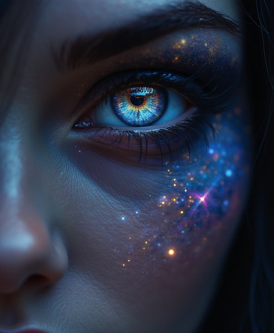 A close-up of the Sorceress' enigmatic eyes, swirling with intricate celestial patterns of galaxies, stars, and nebulas, their glowing light casting delicate highlights on her brows and lashes. The chiaroscuro style heightens the drama, with intense shadows framing her face and a soft celestial glow illuminating her features. The color palette of rich blues, purples, and shimmering golds contrasts beautifully with the deep shadows, creating a visually arresting image of infinite mystery and allure.