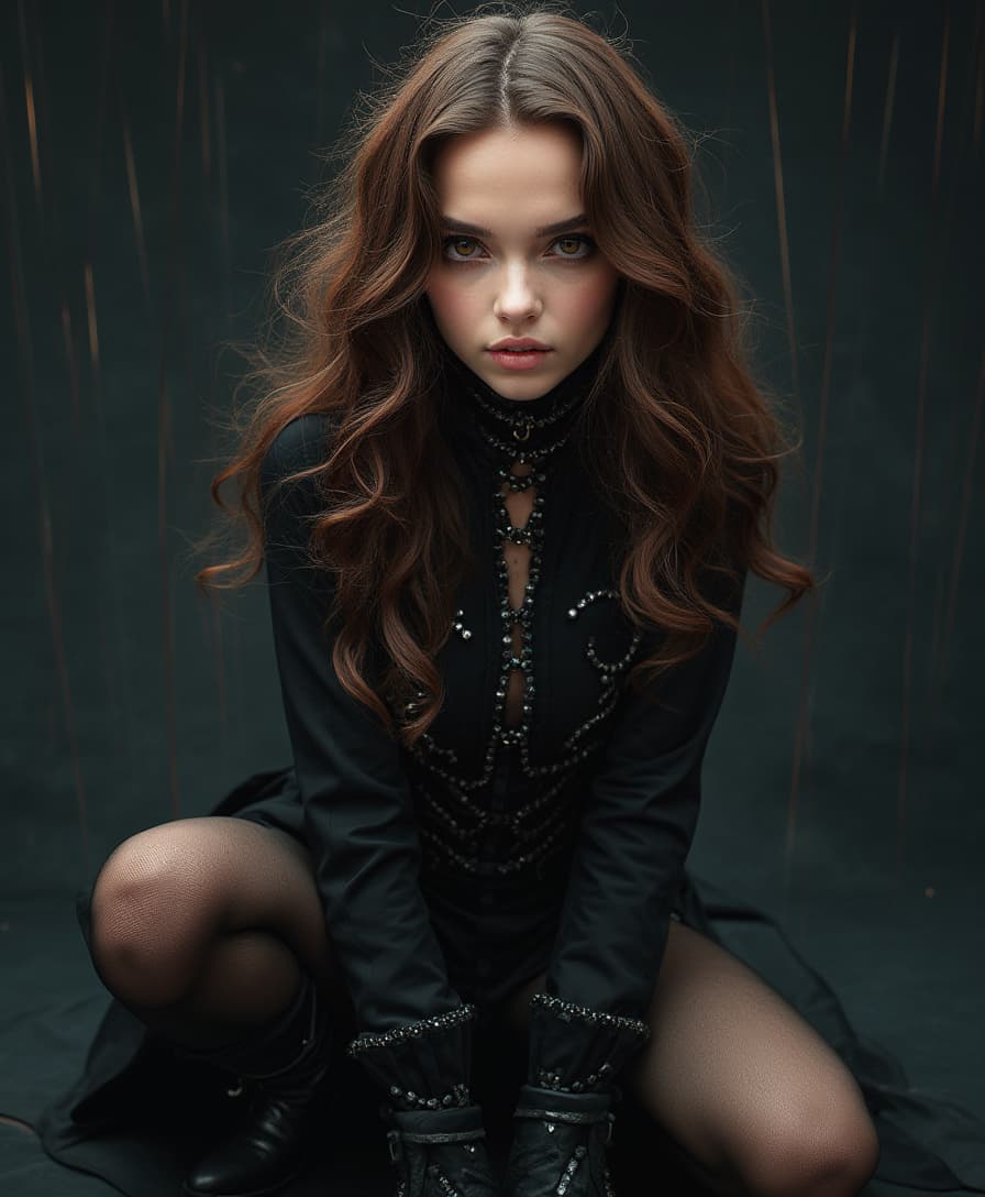 HDR, 8K, high contrast, depth of field, focused subject, dynamic angle, dynamic pose, best quality, detailed eyes, perfect eyes, realistic eyes, brown hair, curly hair, long hair, hazel eyes, ((full lips)), (light eyeliner), no makeup, slim body, (thigh-high stockings with garter belt), black gloves, heeled boots, small ass, small breast, realistic breast, (black gothic dress), high collar, long sleeves, intricate embroidery, (short battle skirt), pleated with white trim, (tight leotard), BREAK, crouching, one knee up, front view, looking at viewer, movie perspective, dark background, abstract background, (neon lines), dynamic light, (close up),
