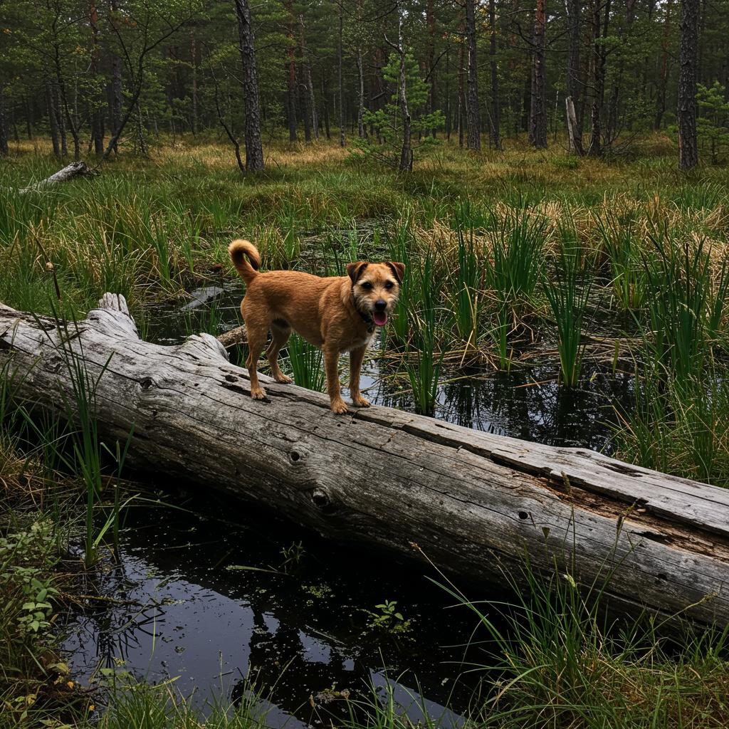 a dog on a log in a bog