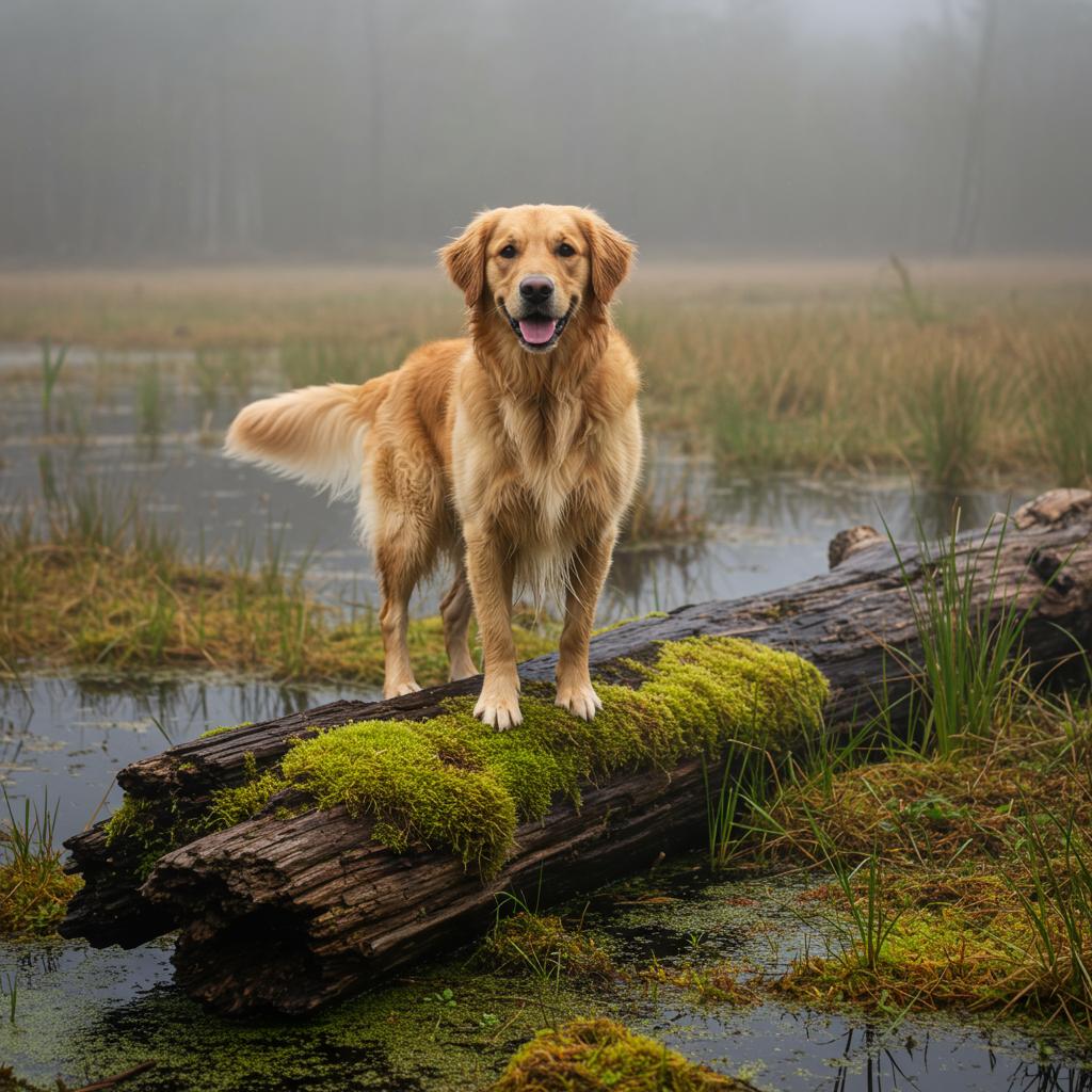 a dog on a log in a bog