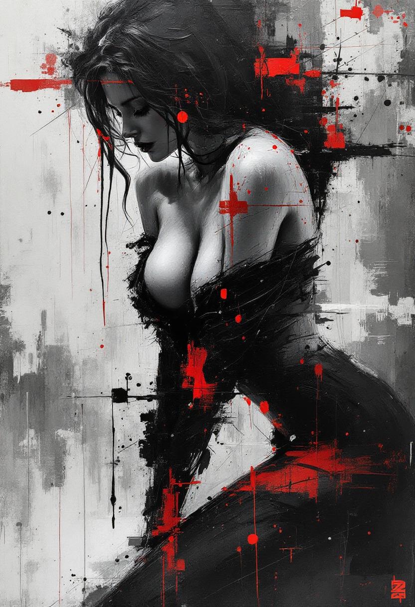 Perfect RAW Photo, expressive blend of seductive female figurative and abstract elements.
Thick textured brushstrokes and a monochromatic palette to create a dynamic and emotional piece. 
Expressive techniques to convey emotion and movement in their work.
Abstract Expressionism.
Figurative Art.
Graffiti Art.
Surrealism.
Unique and emotive piece.
