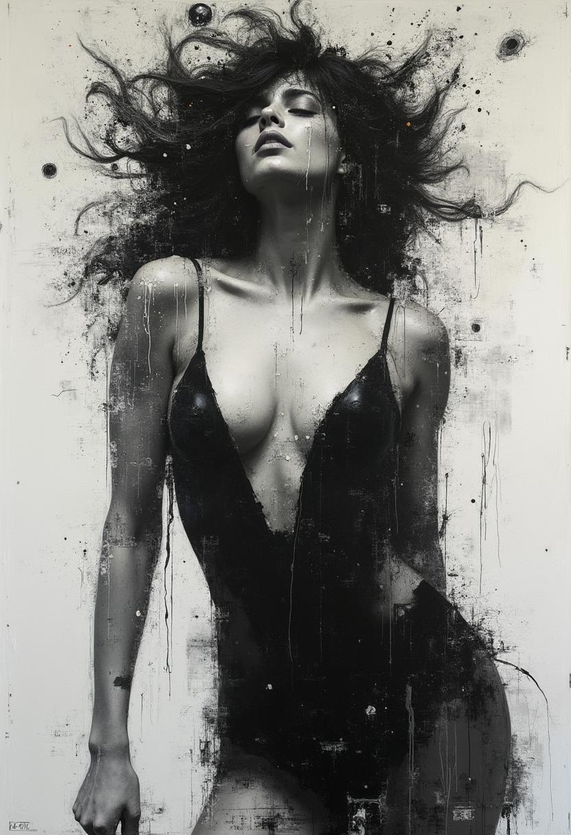Perfect RAW Photo, expressive blend of seductive female figurative and abstract elements.
Thick textured brushstrokes and a monochromatic palette to create a dynamic and emotional piece. 
Expressive techniques to convey emotion and movement in their work.
Abstract Expressionism.
Figurative Art.
Graffiti Art.
Surrealism.
Unique and emotive piece.