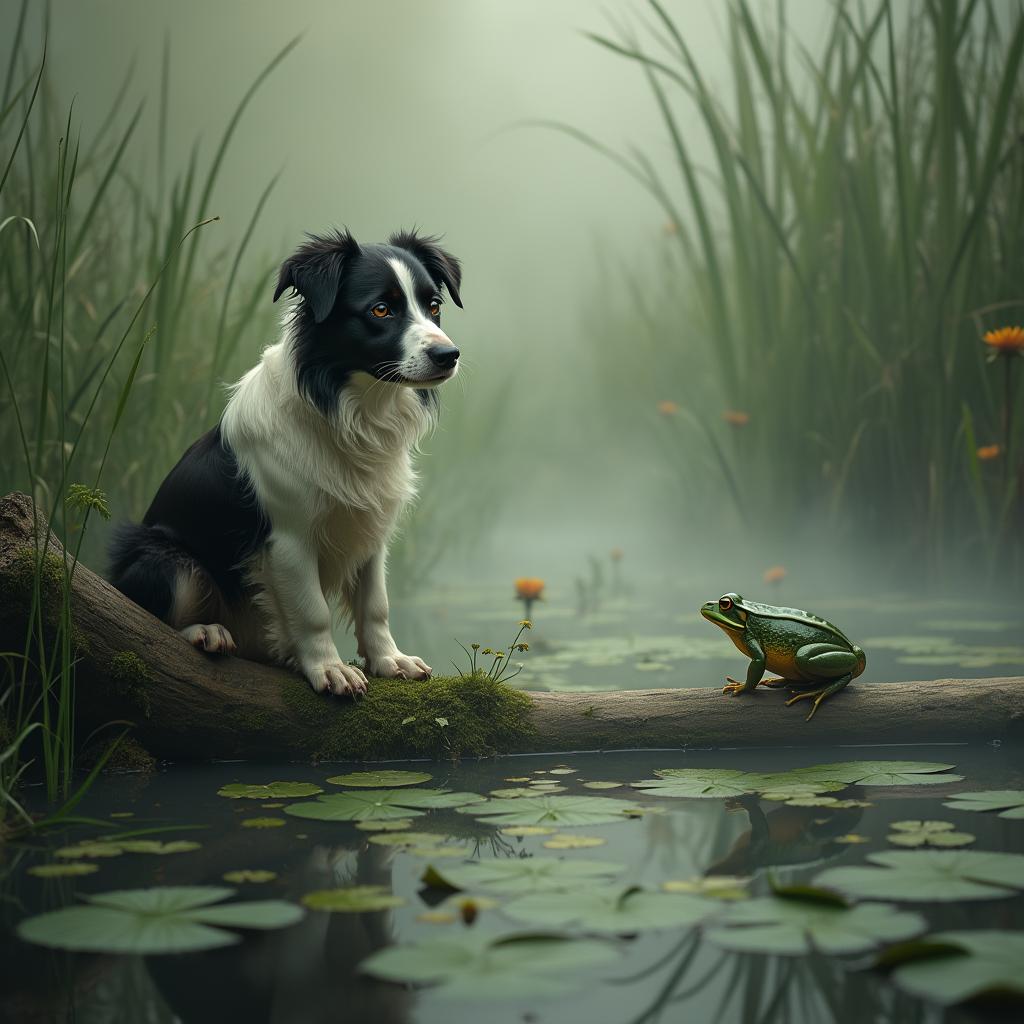 A highly detailed scene featuring a **Border Collie** perched gracefully on a **weathered, moss-covered log** in the midst of a **lush, misty bog**. The **dog** exudes a sense of curiosity, with its **eyes fixed on a small, vibrant green frog** sitting calmly on a nearby patch of **floating lily pads**. The **lighting** is soft and diffused, reminiscent of an **early morning mist**, casting a **subtle glow** on the scene, enhancing the **mystical atmosphere**. The **composition** is balanced with the dog in the foreground, the frog slightly to the side, and the bog's expansive, yet intimate landscape in the background. 

- **Style**: Capture this in the style of **romanticism**, with attention to the **intricate textures** of the bog's flora and the **reflective surface of the water**.
- **Mood and Atmosphere**: The scene is serene, with an **ethereal quality** created by the **fog** and the **gentle interplay of light and shadow**.
- **Technical Aspects**: Utilize **wide depth of field** to keep both the **dog** and **frog** in sharp focus, while the background subtly blurs to suggest depth. Employ **chiaroscuro** techniques to emphasize the contrast between light and dark areas, enhancing the **drama** and **mystique** of the setting.

This image should evoke a sense of **tranquility and wonder**, inviting the viewer into a **timeless moment** within nature's embrace.