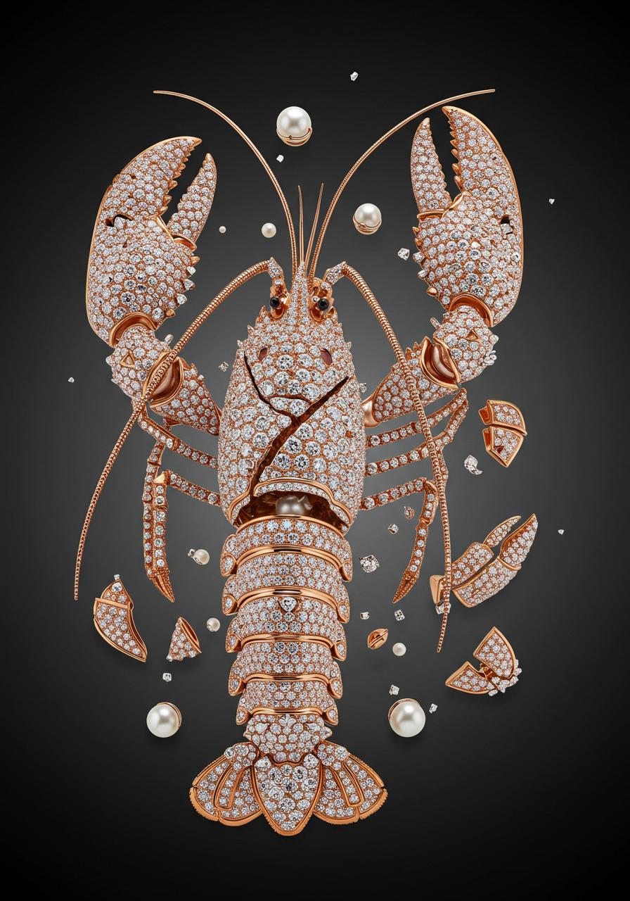 In a style that melds the elegance of diamonds with the fractured artistry of modern sculpture, envision a gourmet dish that transcends mere food presentation. The centerpiece is a lobster-shaped creation, meticulously crafted to resemble a masterful sculpture. Its body is adorned with shimmering pearls and diamonds, reflecting light in a dazzling display. However, this lobster is not merely whole; it embodies a fractured aesthetic, with intricate sections of its form appearing to break apart. 

The claws, lavishly draped in pearls and diamonds, are segmented, revealing a complex interplay of textures and materials. As if caught in a moment of artistic deconstruction, pieces of the lobster seem to float around the plate, echoing the fragmented human head of a contemporary sculpture. Each piece tells a story of elegance and chaos, inviting viewers to appreciate the beauty in imperfection.