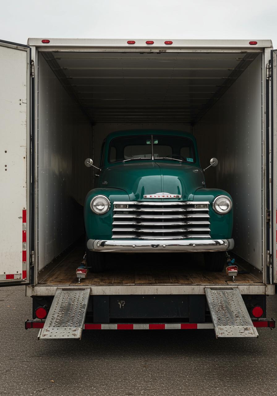 An 1948 Chevrolet 3100 truck, loaded into an enclosed trailer, and ready for shipping. in the picture you can see the chromed bumper.