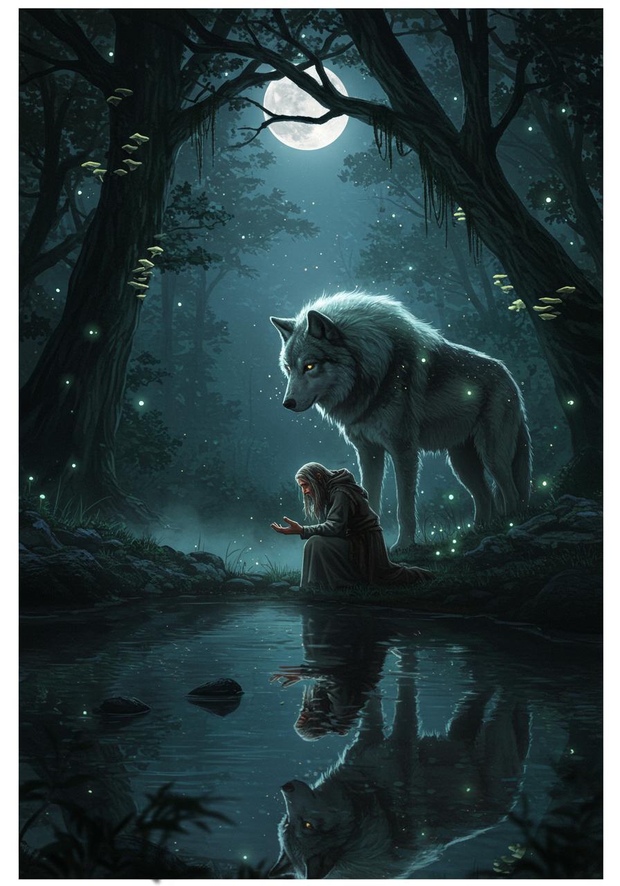 In a mystical forest bathed in the silvery glow of a full moon, a towering wolf stands sentinel at the edge of a glimmering lake, its fur a cascade of shadows and starlight, glistening with dew. The man, cloaked in tattered robes woven from the whispers of the wind, kneels beside the water’s edge, his weathered hands outstretched as if to commune with the ethereal presence before him. Twisted trees loom overhead, their gnarled branches adorned with luminous fungi, casting an otherworldly light that dances across the scene. 

The air is thick with the scent of damp earth and pine, while a soft mist rises from the lake, swirling around the pair in a caress of enchantment. The wolf, with eyes like molten gold, gazes down at the man, a bridge between worlds, embodying both feral majesty and ancient wisdom. The surface of the water reflects the star-studded sky and the figures of the man and wolf, creating a haunting symmetry that blurs the lines between reality and myth. 

The composition draws the eye from the imposing silhouette of the wolf to the fragile form of the man, highlighting the tension between strength and vulnerability, while the perspective invites the viewer to lean closer, as if to hear the whispered secrets of the night. Shadows deepen and the moonlight weaves a tapestry of light and dark, enveloping the scene in a cocoon of magic and mystery.