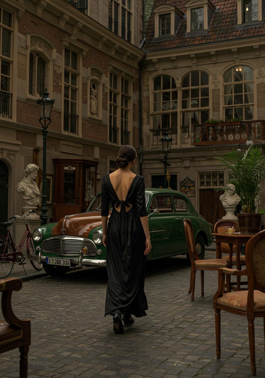 In a Victorian era style, the scene unfolds in an old European city, where historical architecture meets luxury fashion. A sophisticated figure, clad in an elegantly draped black dress with intricate tie-back details, strolls through the vibrant streets. This attire, exuding understated opulence, harmonizes beautifully with the prominent brown and green car parked near a tall gothic-style building, evoking nostalgia for bygone eras.

The lively cityscape is further enriched by scattered bicycles, symbolizing an environmentally friendly ethos, while vintage-inspired chairs and classical statues peek from the corners, adding depth and historical resonance to the background. Ornate potted plants are strategically placed, enhancing the aesthetic allure of the setting, while the light filtering through tall windows casts a gentle glow, illuminating the fluidity of the luxurious fabric.
