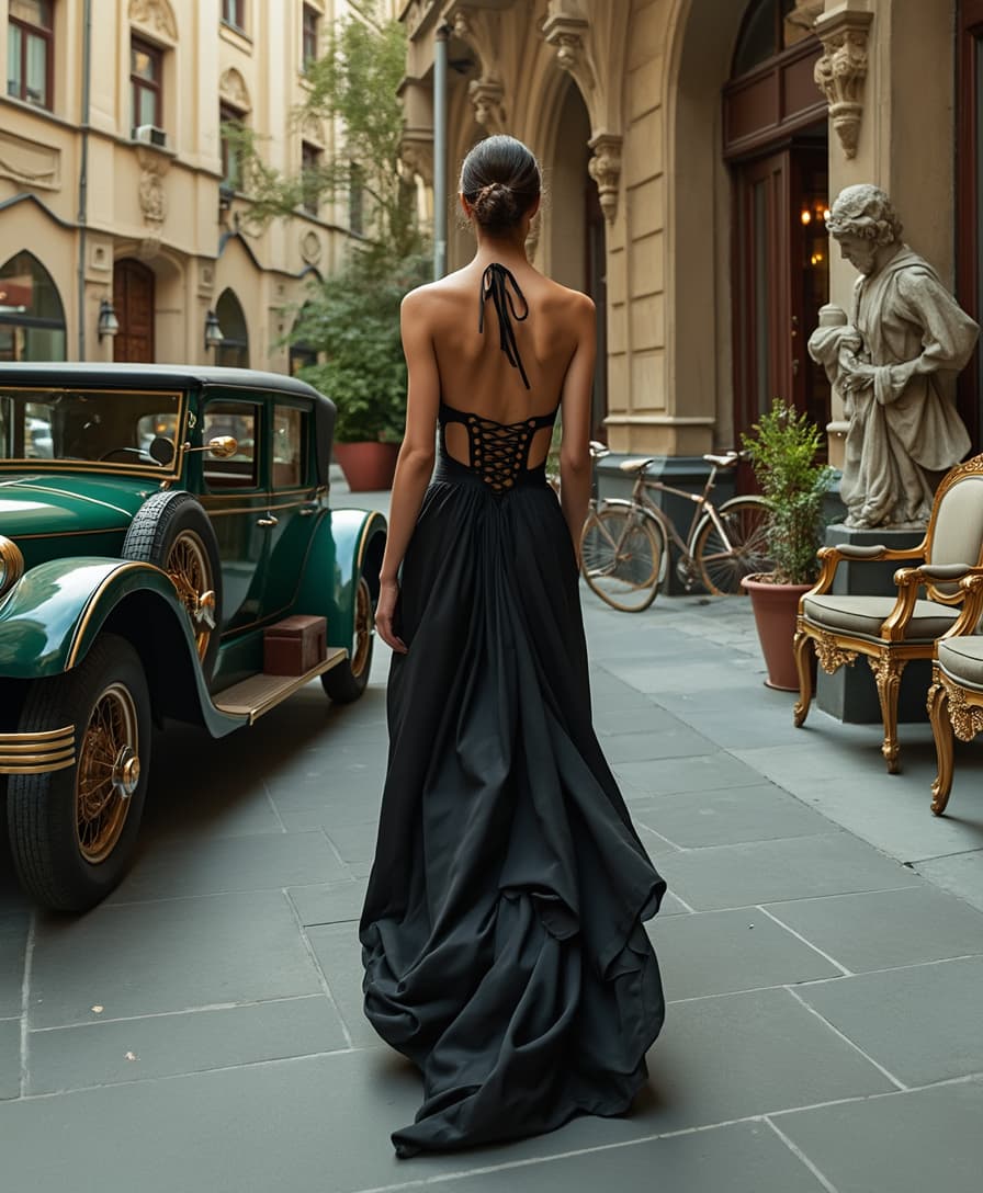 In a Victorian era style, the scene unfolds in an old European city, where historical architecture meets luxury fashion. A sophisticated figure, clad in an elegantly draped black dress with intricate tie-back details, strolls through the vibrant streets. This attire, exuding understated opulence, harmonizes beautifully with the prominent brown and green car parked near a tall gothic-style building, evoking nostalgia for bygone eras.

The lively cityscape is further enriched by scattered bicycles, symbolizing an environmentally friendly ethos, while vintage-inspired chairs and classical statues peek from the corners, adding depth and historical resonance to the background. Ornate potted plants are strategically placed, enhancing the aesthetic allure of the setting, while the light filtering through tall windows casts a gentle glow, illuminating the fluidity of the luxurious fabric.