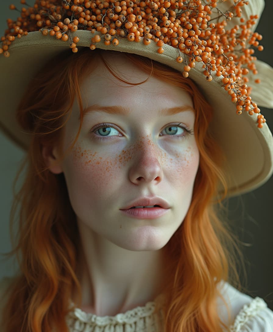 ginger queen, elegant hat make out of cloudberries, flared nostrils, warm hue, soft gaze, portrait, candid, quarter-turn
