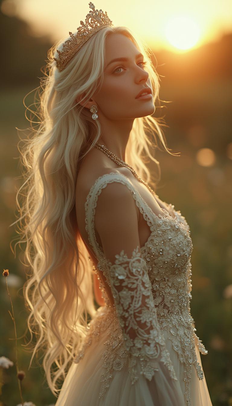 Full body view of a stunning angelic fantasy woman in her mid-thirties, gracefully posed outdoors during the enchanting golden hour. She possesses light, radiant skin that glows softly in the ambient light, complemented by her long, luscious silvery blonde hair cascading down her back. Her full lips and radiant eyes exude kindness, while her perfect figure, accentuated by a medium to large bust, adds to her ethereal beauty. She dons an exquisite and intricate white and gold lace gown that elegantly molds to her form, revealing just the right amount of skin, embodying luxury fashion. 

Adorned with sparkling gemstones, shimmering pearls, and delicate crystals, her attire is further enhanced by a small, regal tiara that crowns her head. The luxurious accessories and decorations elevate her presence, making her look like a vision of elegance and grace. She stands on the smooth, lush grass, her long, white-skinned legs elegantly displayed, as she gazes longingly into the distance, searching for her prince in a world that feels like a fantasy.