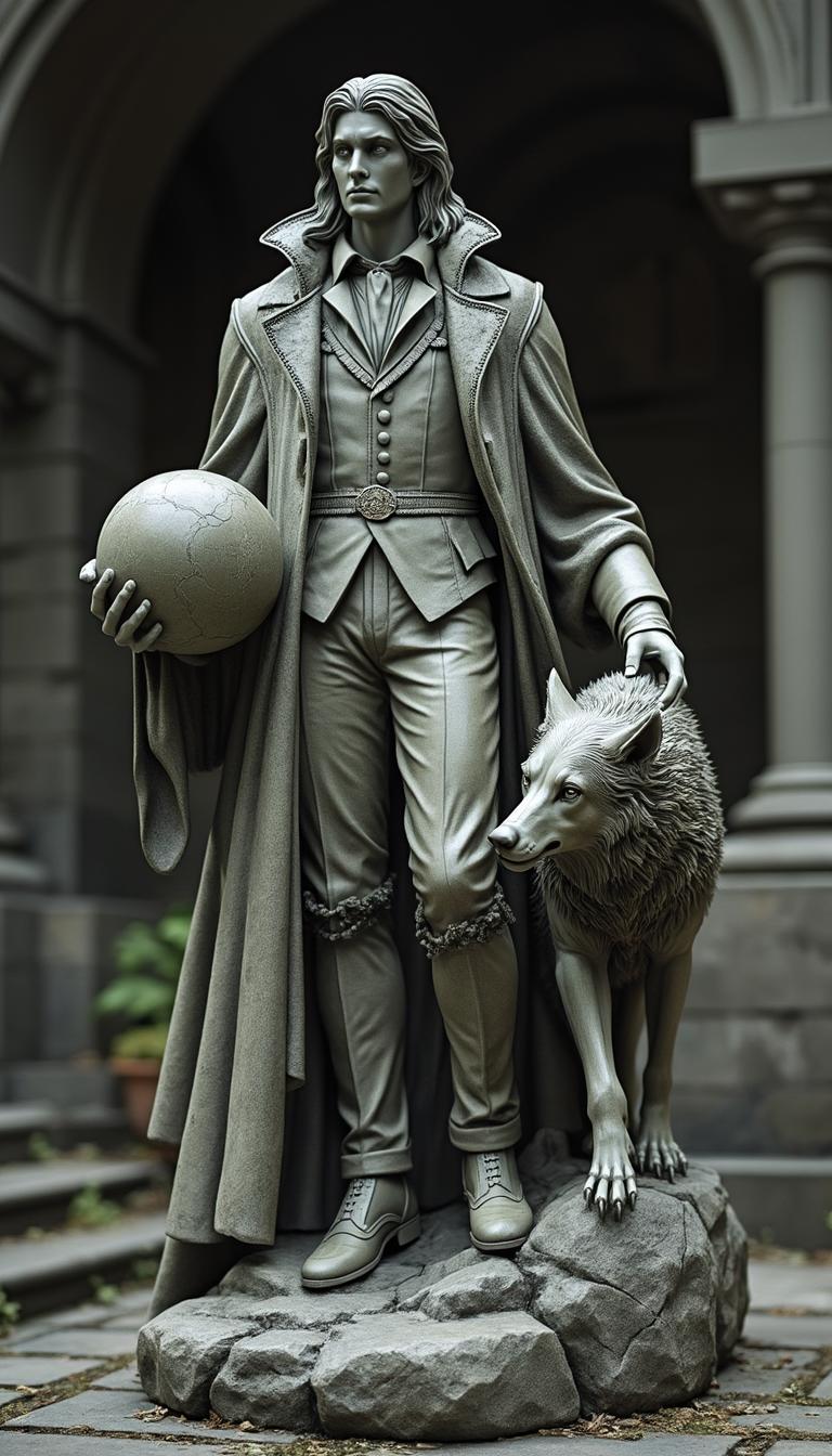 A stone statue of a male vampire lord, count strahd, statue of vampire lord, long, swept back hair, youthful face, long cape, doublet, fur collar, he holds stone sphere in one hand and pats his wolf with another