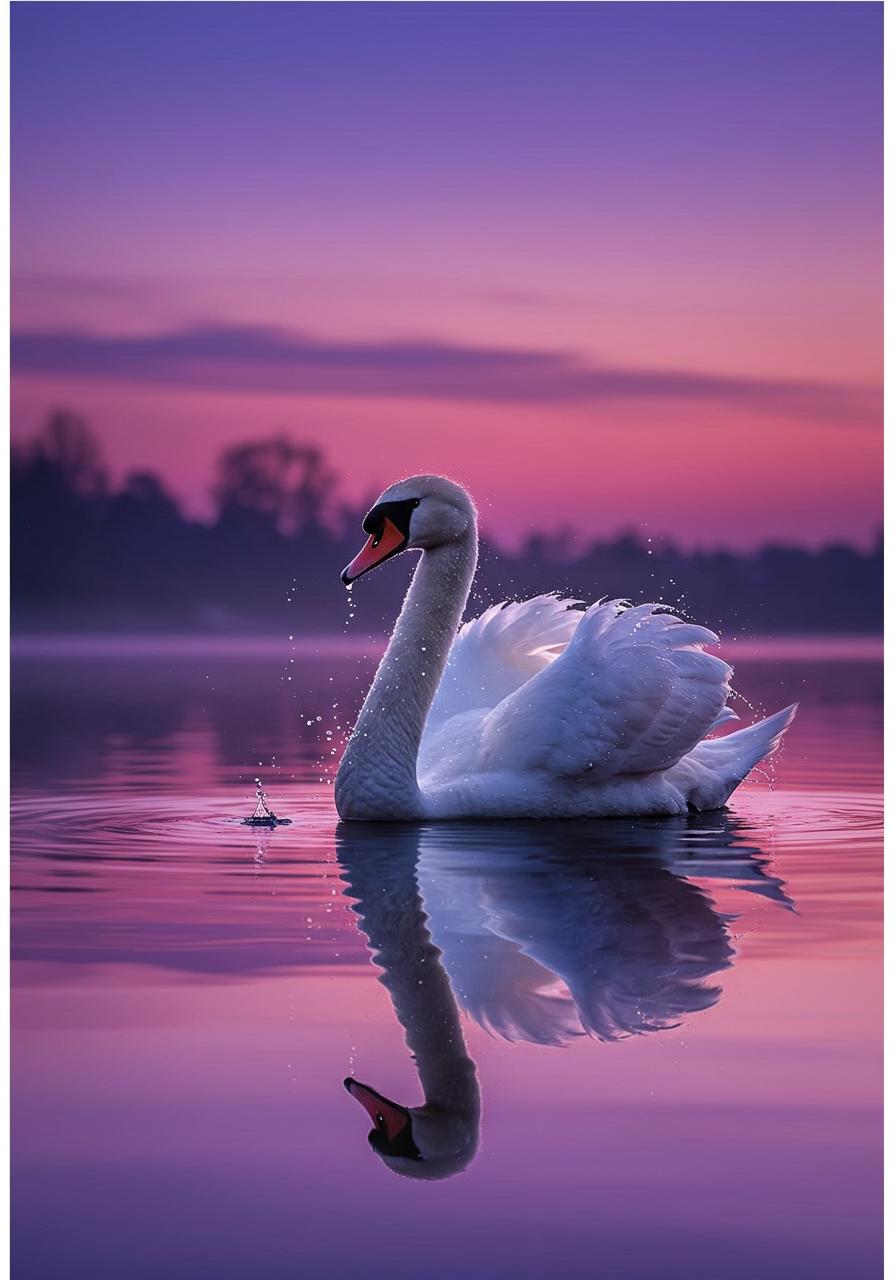 Design an elegant swan, with water droplets gently cascading from its wings. The swan glides across a reflective lake under a twilight sky, with soft pink and purple hues blending into the scene, enhancing its ethereal beauty