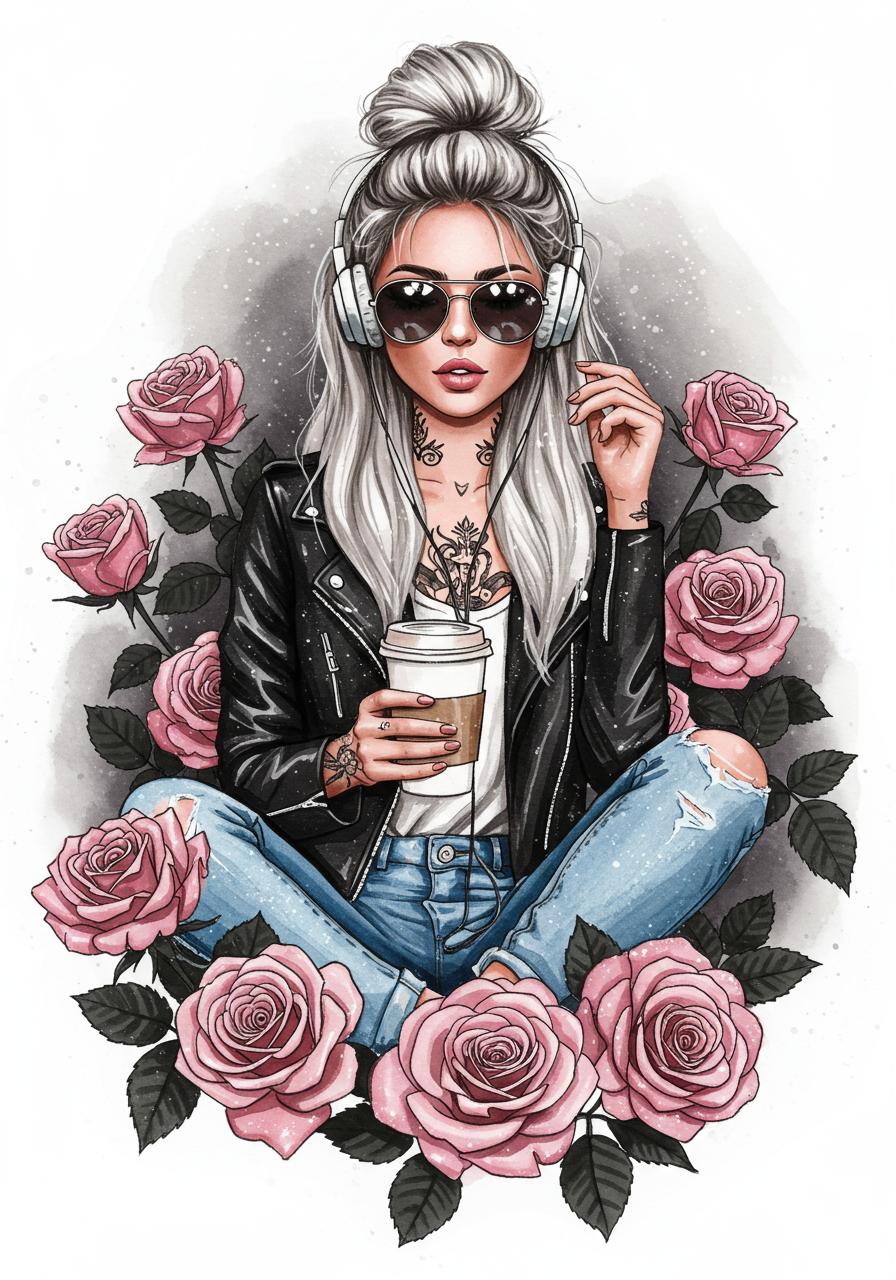 a watercolour image of a shimmering sparkling airbrushed oil painting of a beautiful woman, she is wearing sunglasses,  has long blonde grey hair which is done up in a messy bun, tattoos, wearing denim jeans, a black leather jacket, sitting in amongst pink roses with black leaves with a takeaway coffee in one hand, She is wearing headphones listening to music. picture is centred on a white background.