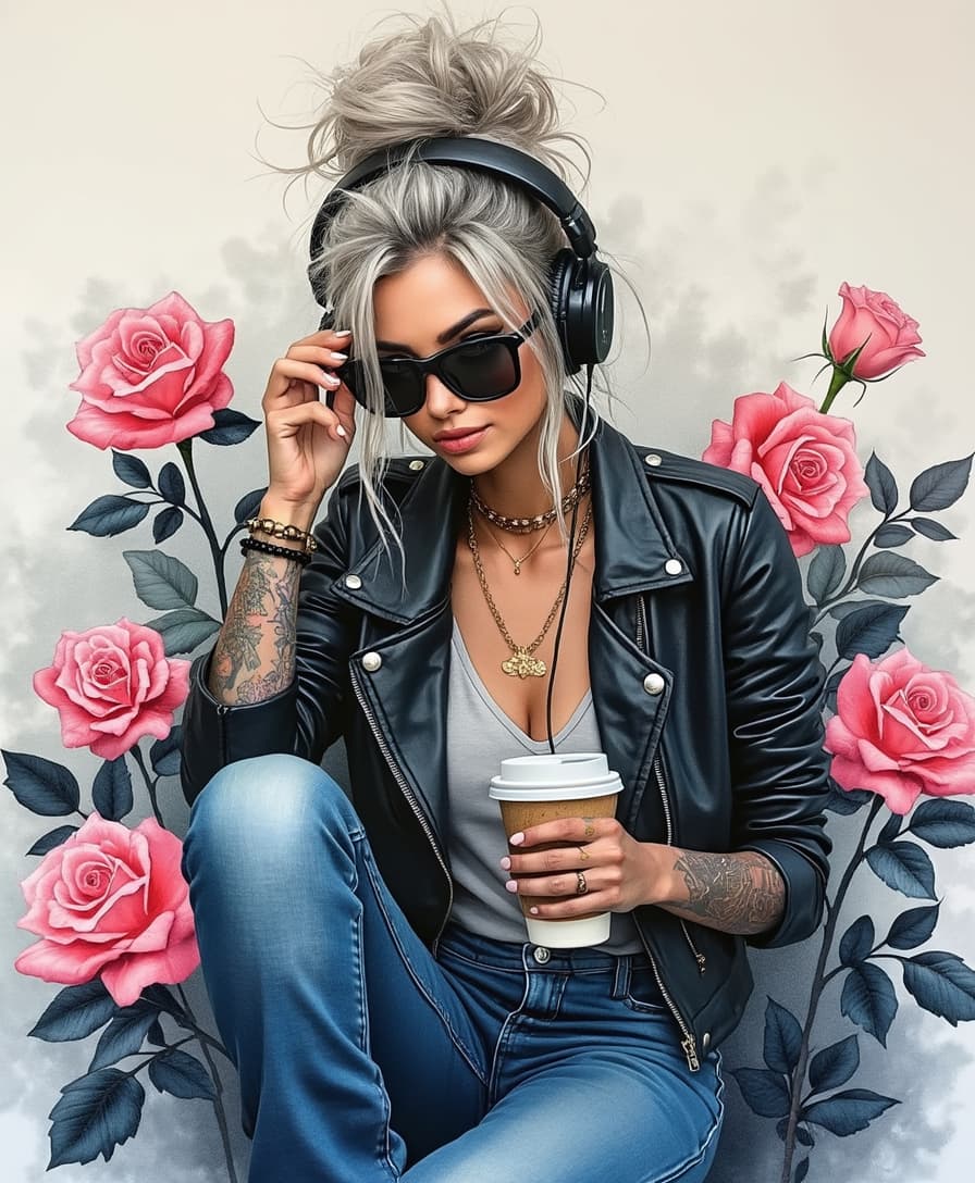 a watercolour image of a shimmering sparkling airbrushed oil painting of a beautiful woman, she is wearing sunglasses,  has long blonde grey hair which is done up in a messy bun, tattoos, wearing denim jeans, a black leather jacket, sitting in amongst pink roses with black leaves with a takeaway coffee in one hand, She is wearing headphones listening to music. picture is centred on a white background.