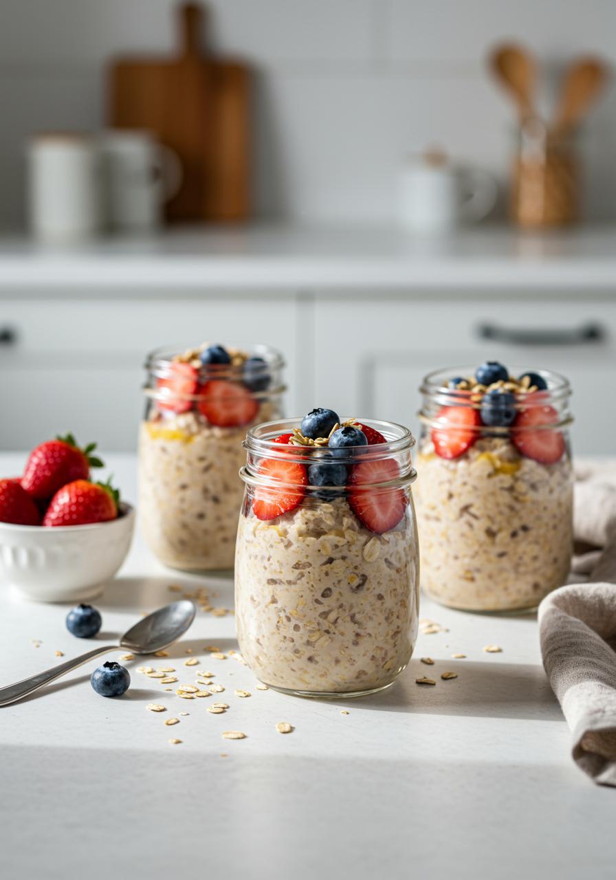 Warm and inviting food photography in a modern white kitchen. Close-up on a white table of 2-3 glass jars filled with large overnight oats, beautifully arranged with fresh strawberries, blueberries and a drizzle of honey and sprinkled with golden oats. The jars are arranged at a 3/4 angle on the surface, surrounded by cozy accents: a small bowl of berries, a pretty spoon, and a soft linen napkin. Natural, diffused sunlight creates a warm glow, emphasizing the texture of the oats and fruit, while the blurred, minimal kitchen background adds depth and atmosphere.