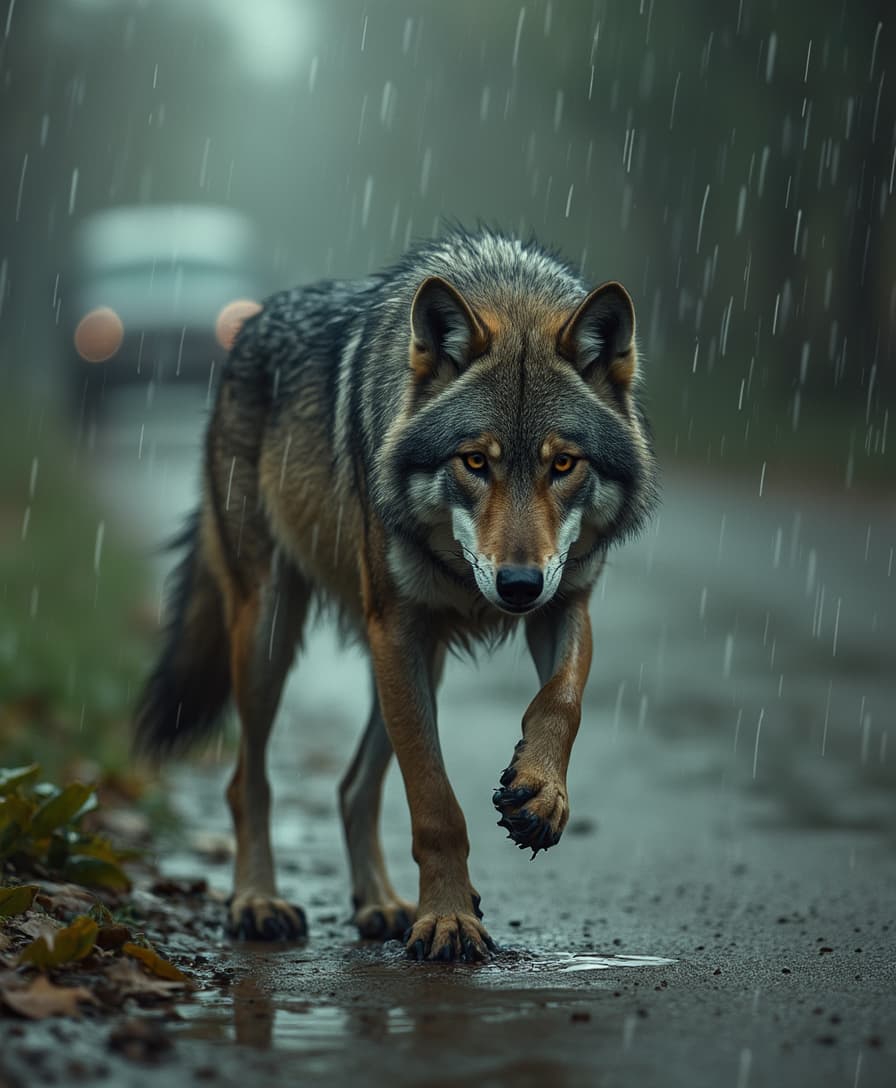 Visual Description: Rain begins to fall gently, with drops hitting leaves, grass, and the ground. The wolf looks confused, his ears flattened back as he begins to move to seek shelter. Water begins to soak through the wolf´s grey fur, making it appear shiny and slightly matted. The wolf jumps over a small puddle, leaving visible wet paw prints. Atmospheric Details: The sound of rain intensifies, with the soft splashes of drops hitting puddles. The background shows a quiet, damp street with a gloomy atmosphere.