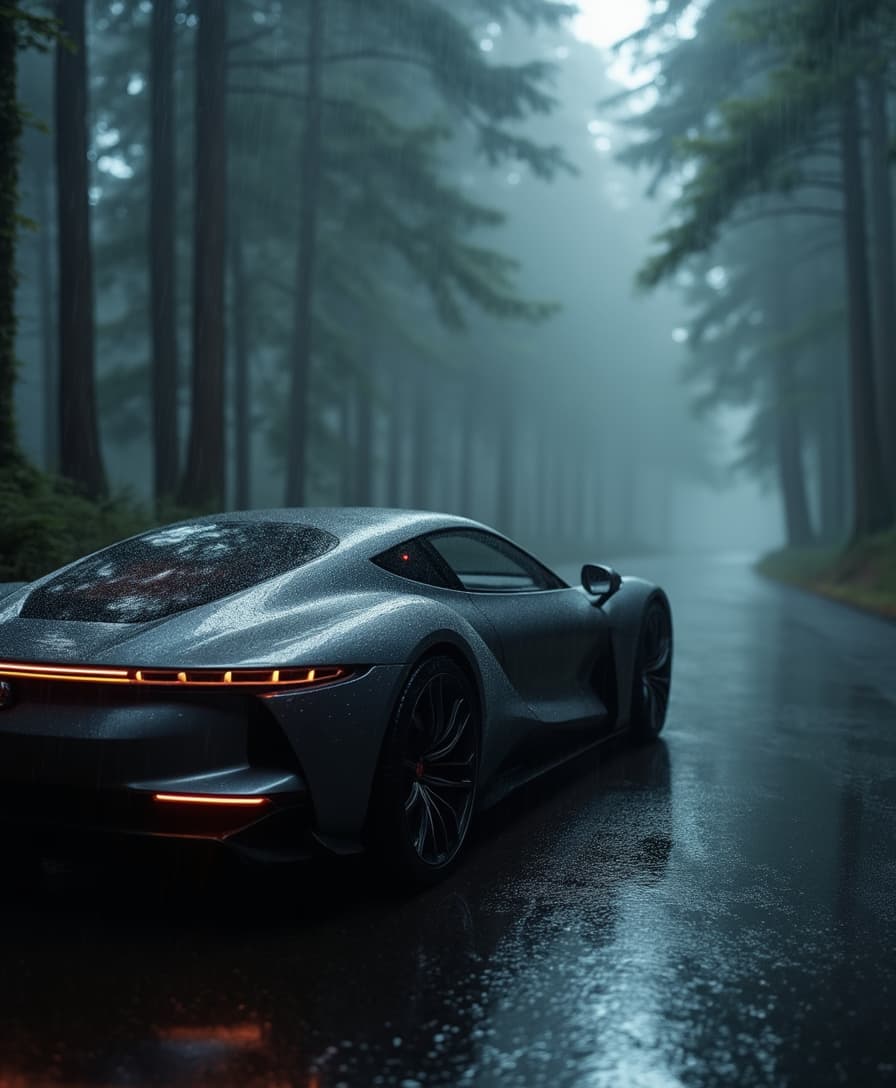  A luxurious and sleek car parked on a rain-slicked road deep within an enchanting, misty forest at night. The car’s design is fluid, with smooth, aerodynamic lines and a glossy, reflective surface that catches the light from the car’s bright LED headlights, slicing through the dark, misty environment. The surrounding trees are towering and covered in fog, creating a mysterious and cinematic atmosphere. Soft raindrops reflect the car’s polished body and intricate details, while the faint glow of the vehicle’s taillights adds a touch of drama to the scene. The overall composition evokes a feeling of quiet elegance amidst nature’s untamed beauty.