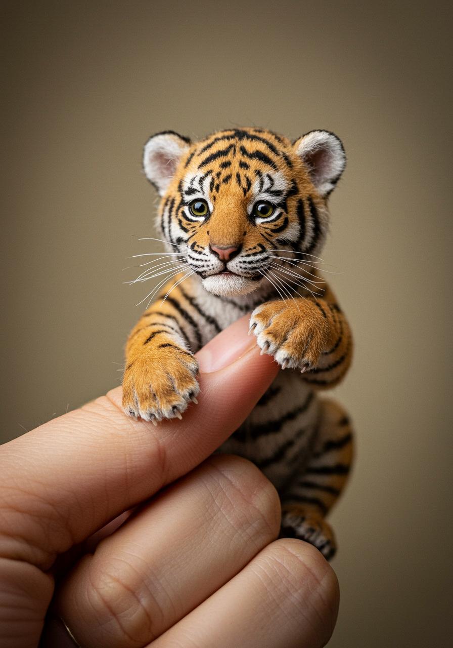 Photorealistic, 34k, A micro baby Bengal tiger perched on a human finger, lifelike realistic details of the elephant, hyper-realistic, best-quality, Sony Alpha a7 IV