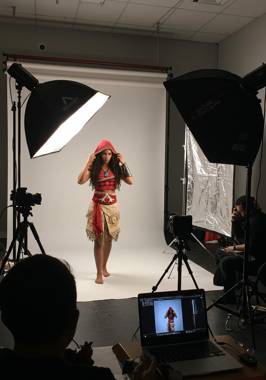 Raw photo, dynamic perspective. A backstage photoshoot scene inside a modern photography studio. The focus is on a beautiful tanned woman dressed as a real-life version of Moana, wearing an Assassin’s Creed-inspired outfit with red and beige details. Her dark hair flows in loose, natural waves beneath her hood. She is adjusting her hood with a fierce, confident expression while standing under professional studio lighting.The background shows the studio setup: a white backdrop partially visible, a tripod-mounted camera facing her, and a large softbox light angled toward her from the left. A reflective silver bounce is propped up on the right. In the foreground, you can see an open laptop with a preview of the shot displayed on the screen. The photographer and assistants are visible in silhouette, working and chatting behind the camera. The overall atmosphere is vibrant and professional, with a mix of creativity and focus