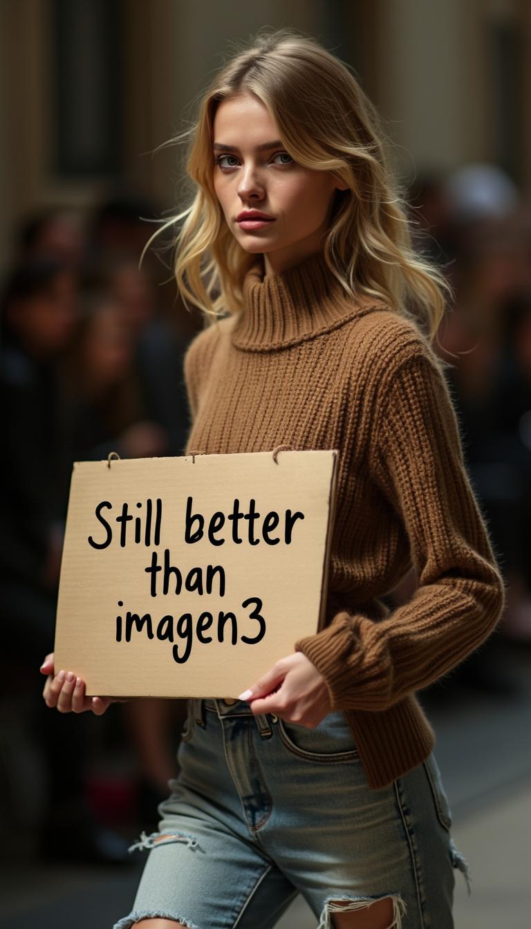 A very attractive European model catwalking holding a sign with the words: "Still better than imagen3"