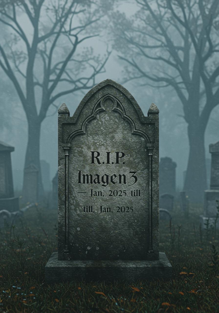 gravestone on a mystical cemetery with the letters: "R.I.P. Imagen3 - Jan, 2025 till Jan, 2025"