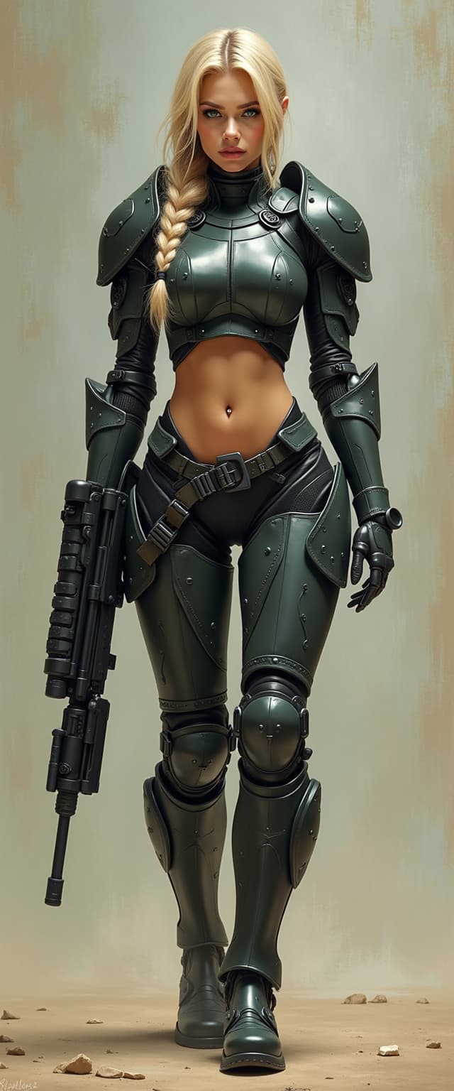 Photorealistic full body shot, head to toe, beautiful European blondie female cyborg warrior in a heavily protected volumetric mechanical exoskeleton holding fantastic rifle stands in a dynamic curved pose, with a braid and piercing in the navel, DND art, whimsical dark cyberpank, sci-fi, mechanized precision, large canvas paintings, rough hewn surfaces, meticulous detail, photorealistic