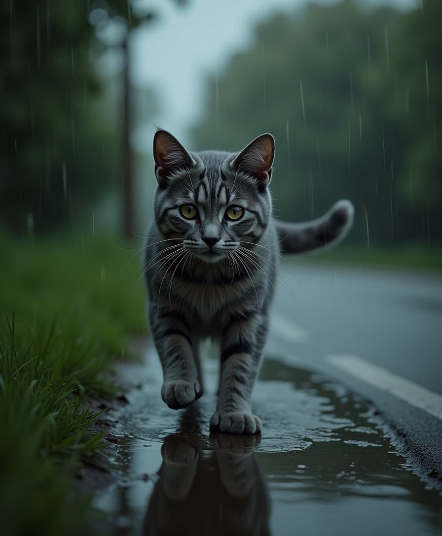 Visual description: Rain begins to fall lightly, with droplets hitting leaves, grass, and the ground. The cat looks confused, its ears flattening back as it starts to move to find shelter. Water begins to soak into the cat’s gray fur, making it appear shiny and slightly matted. The cat leaps over a small puddle, leaving visible wet paw prints behind.

Atmosphere details: The sound of rain intensifies, with the soft splashes of droplets hitting puddles. The background shows a quiet, wet street with a somber mood.
